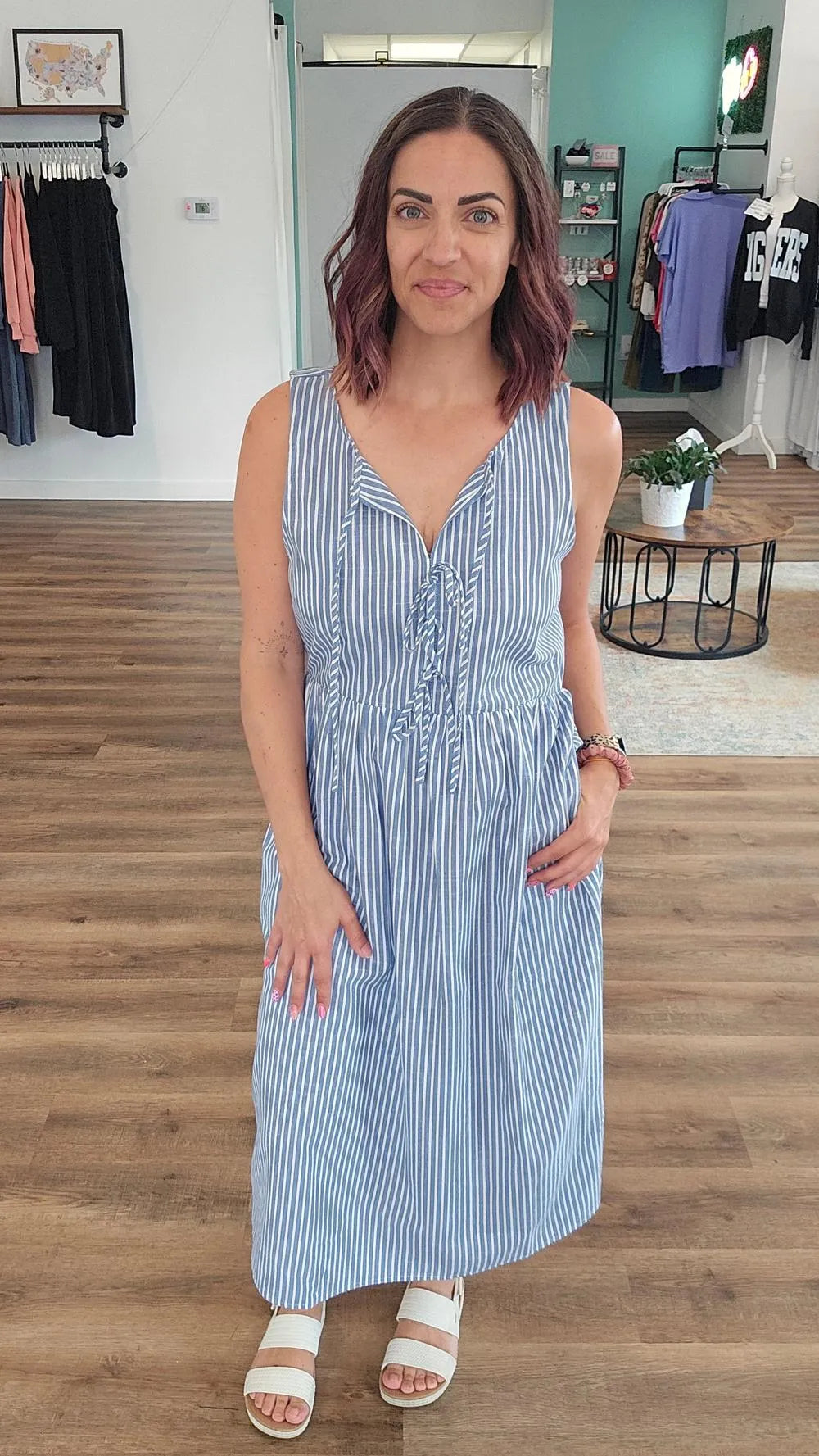 Shop Pinstriped Tie-Front Midi Dress- at Ruby Joy Boutique, a Women's Clothing Store in Pickerington, Ohio
