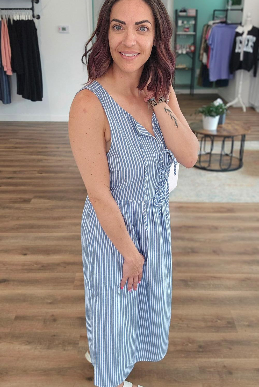 Shop Pinstriped Tie-Front Midi Dress- at Ruby Joy Boutique, a Women's Clothing Store in Pickerington, Ohio