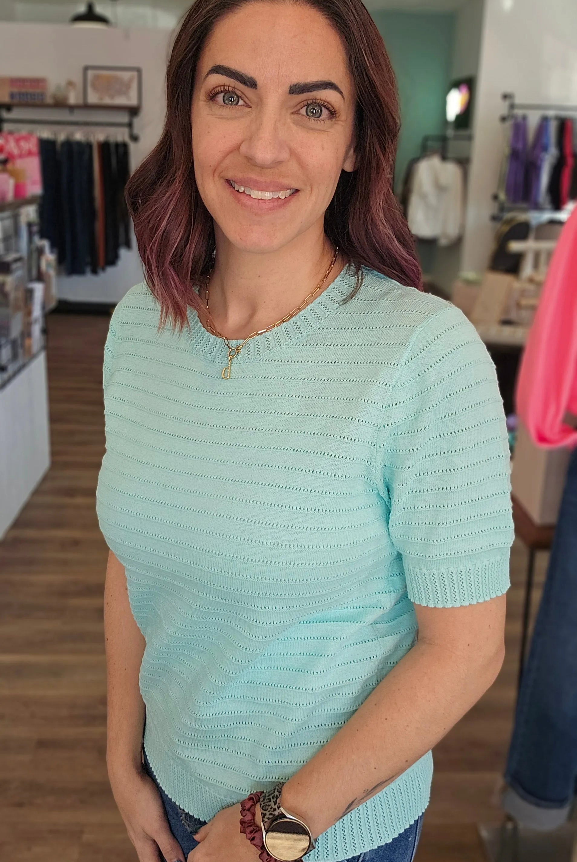 Shop Pointelle Knit Short Sleeve Sweater - Mint- at Ruby Joy Boutique, a Women's Clothing Store in Pickerington, Ohio