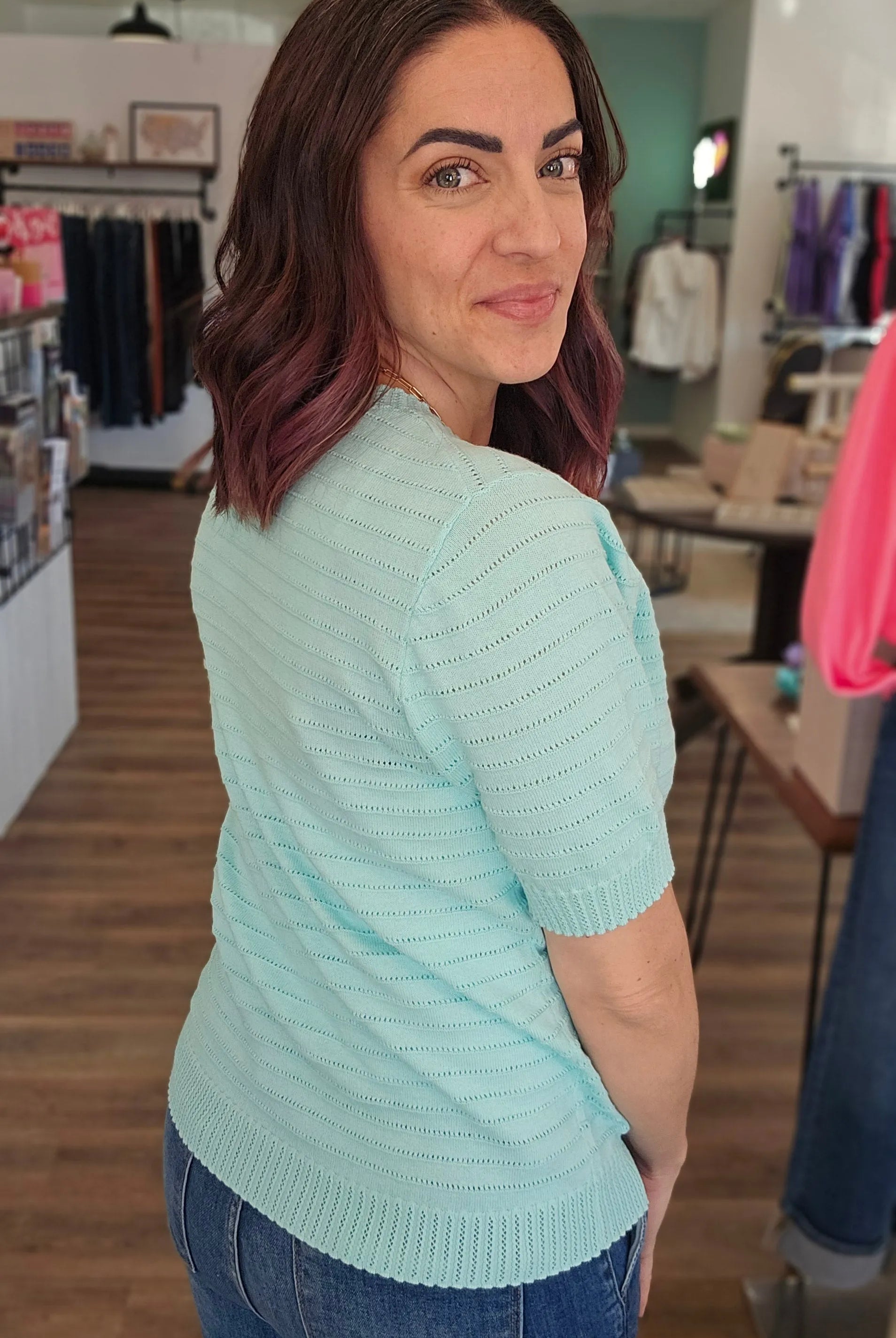 Shop Pointelle Knit Short Sleeve Sweater - Mint- at Ruby Joy Boutique, a Women's Clothing Store in Pickerington, Ohio
