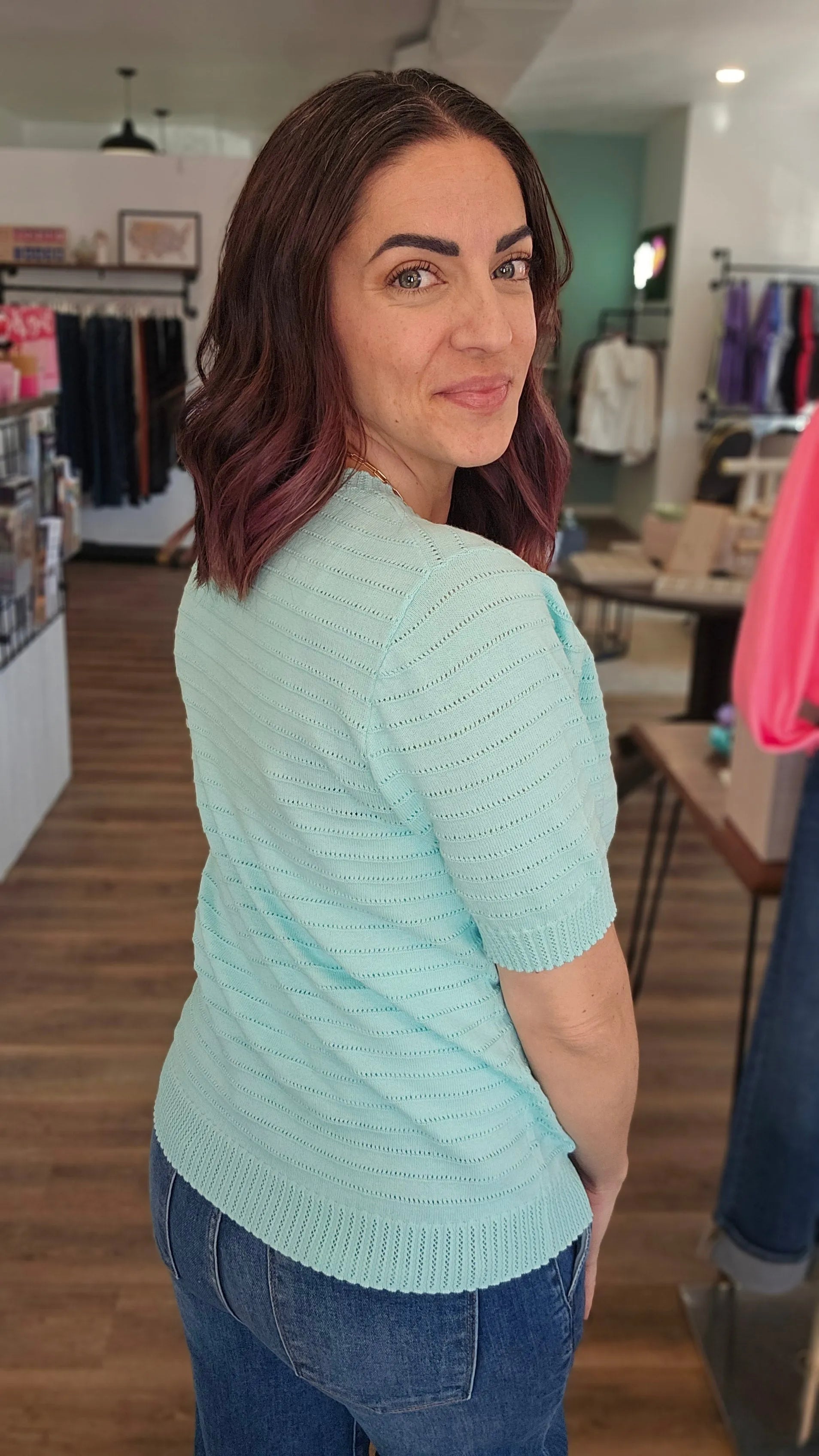 Shop Pointelle Knit Short Sleeve Sweater - Mint- at Ruby Joy Boutique, a Women's Clothing Store in Pickerington, Ohio