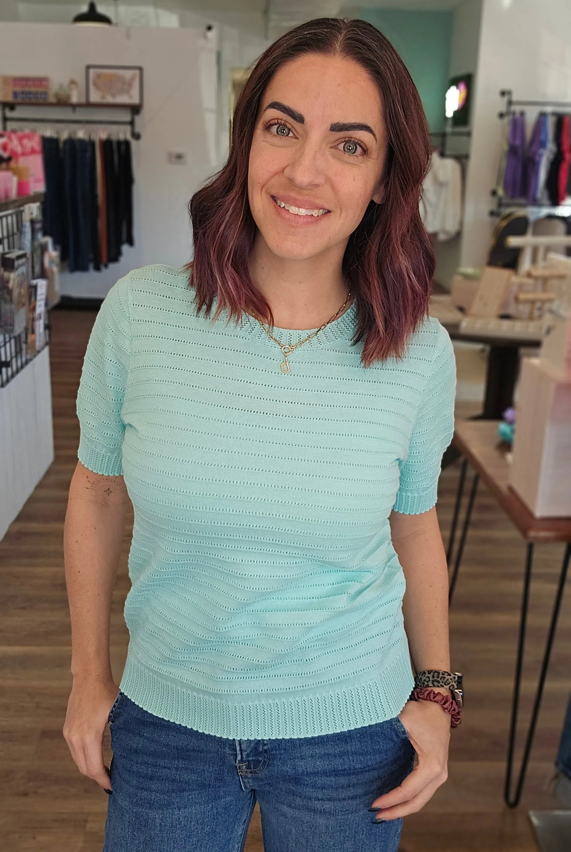 Shop Pointelle Knit Short Sleeve Sweater - Mint- at Ruby Joy Boutique, a Women's Clothing Store in Pickerington, Ohio