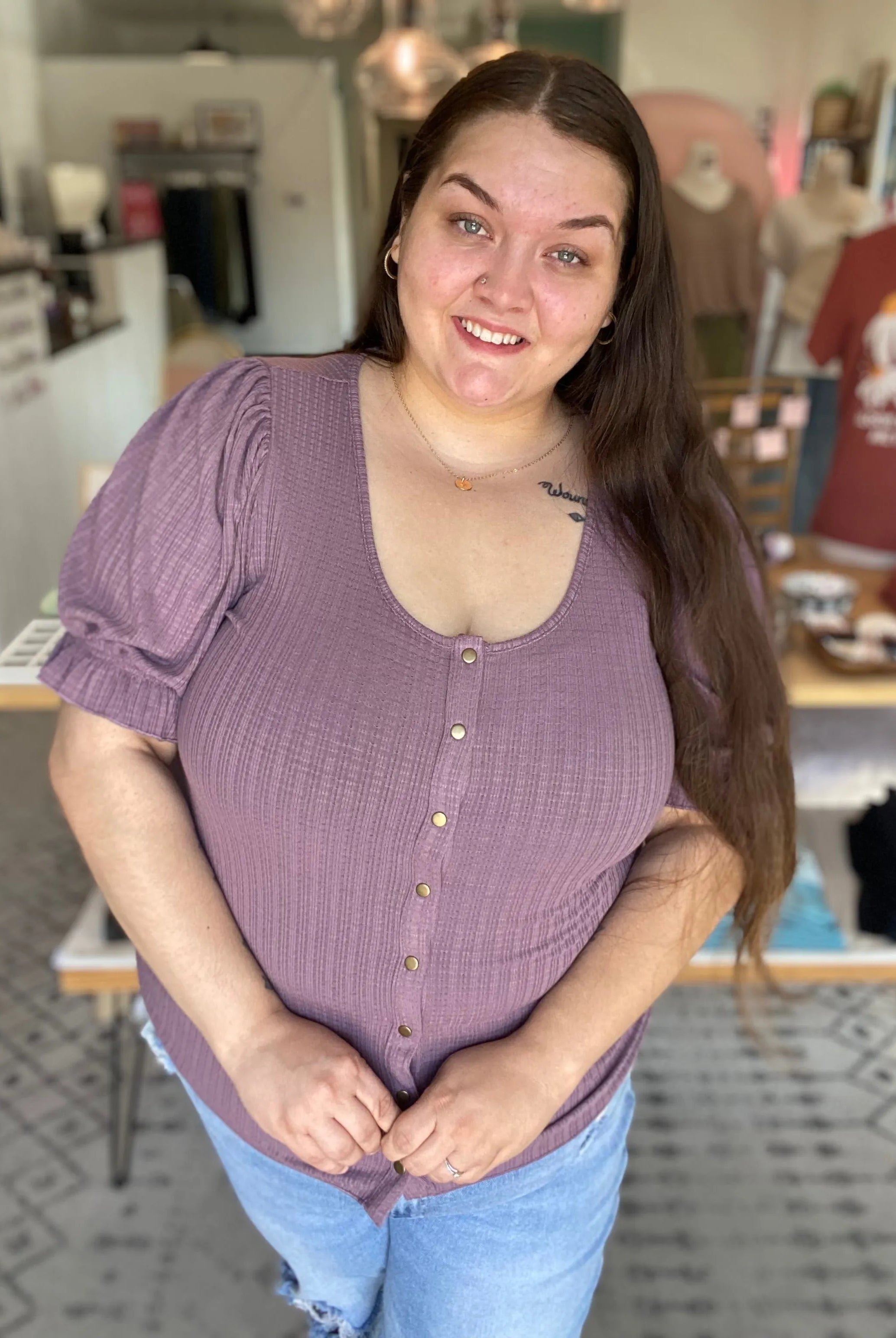 Shop Pointelle Puff Sleeve Snap Front Top- at Ruby Joy Boutique, a Women's Clothing Store in Pickerington, Ohio