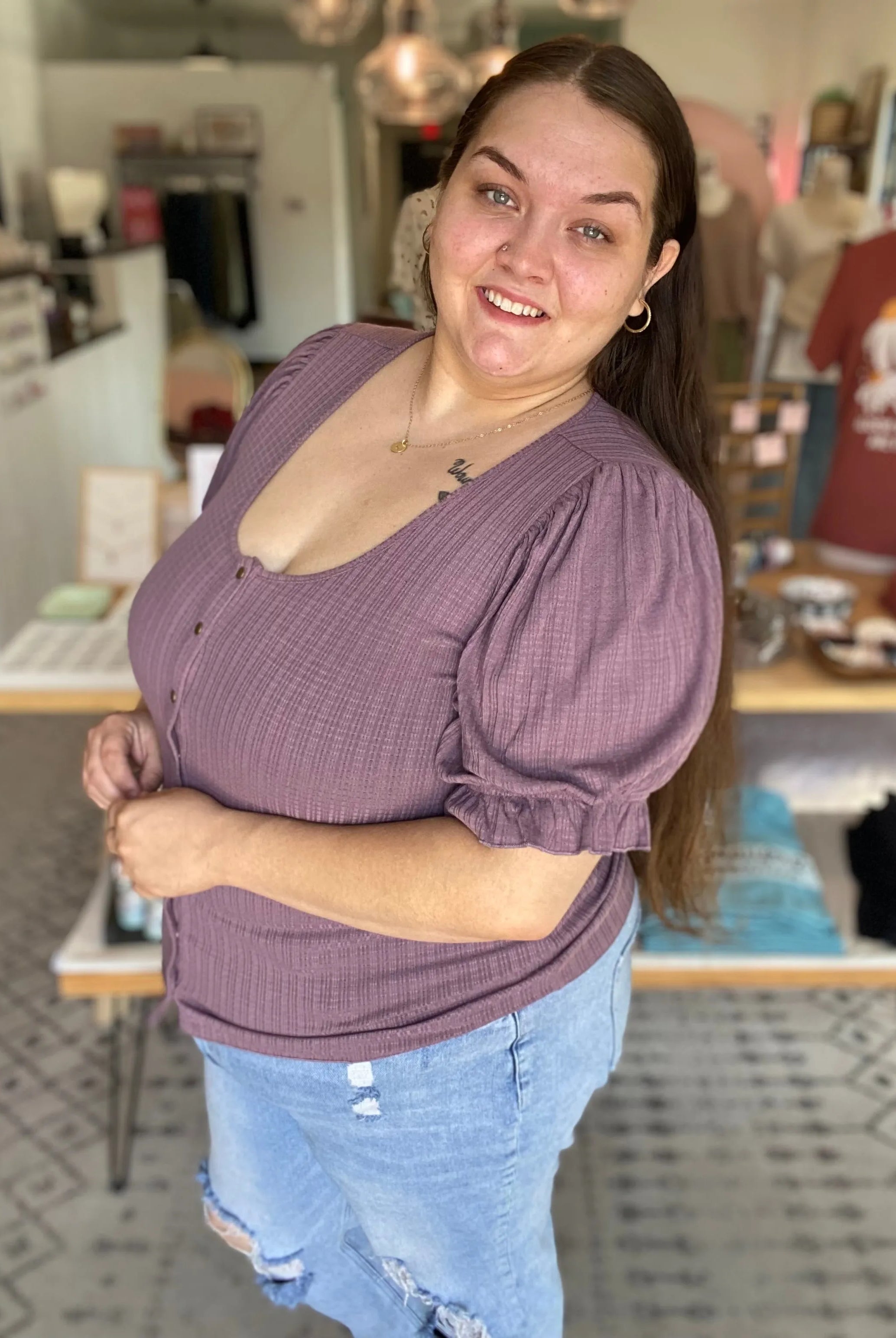 Shop Pointelle Puff Sleeve Snap Front Top- at Ruby Joy Boutique, a Women's Clothing Store in Pickerington, Ohio