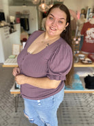 Shop Pointelle Puff Sleeve Snap Front Top- at Ruby Joy Boutique, a Women's Clothing Store in Pickerington, Ohio