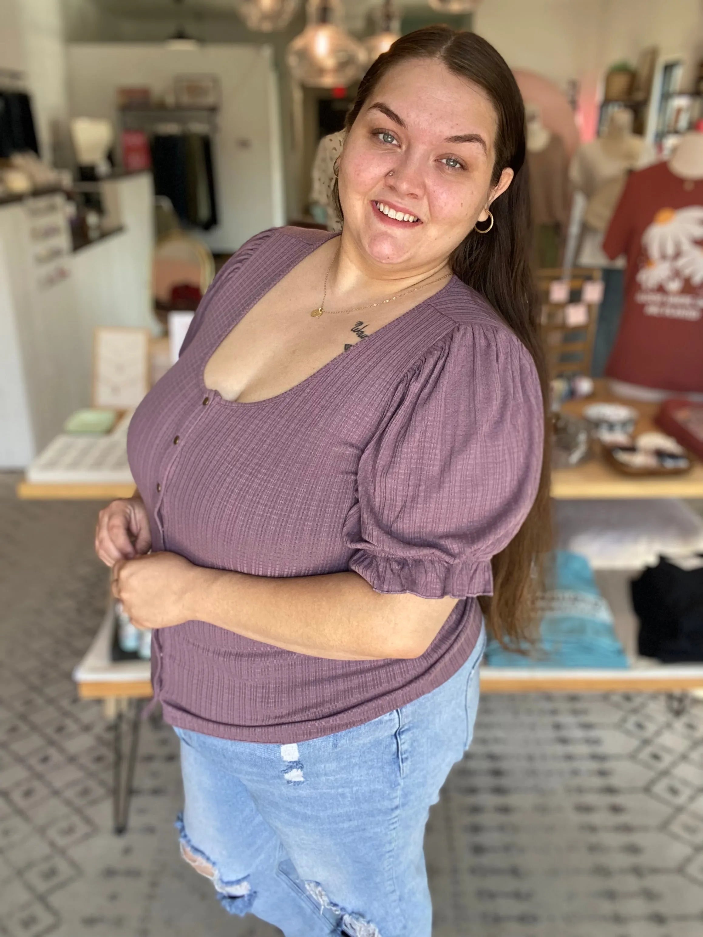 Shop Pointelle Puff Sleeve Snap Front Top- at Ruby Joy Boutique, a Women's Clothing Store in Pickerington, Ohio