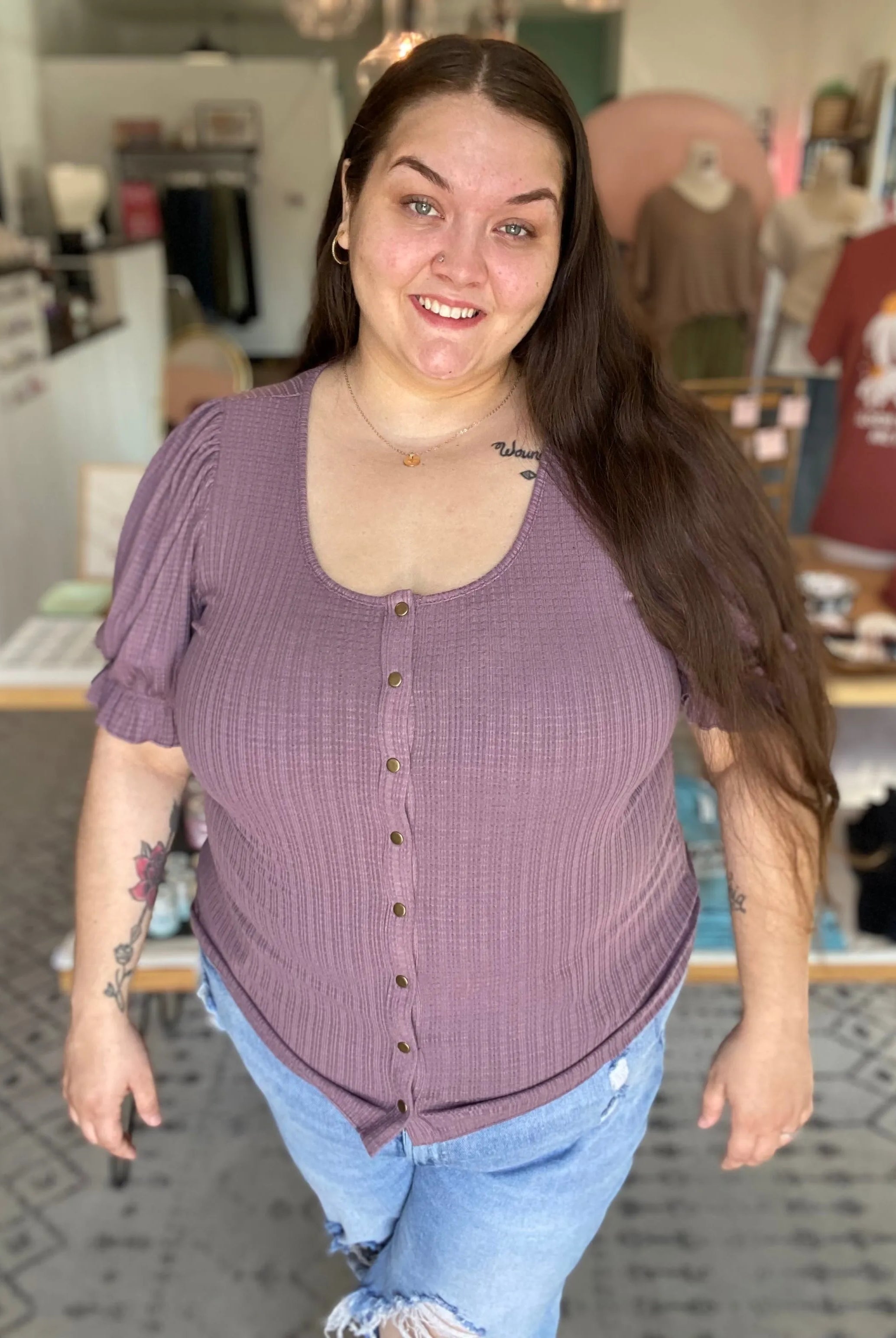 Shop Pointelle Puff Sleeve Snap Front Top- at Ruby Joy Boutique, a Women's Clothing Store in Pickerington, Ohio