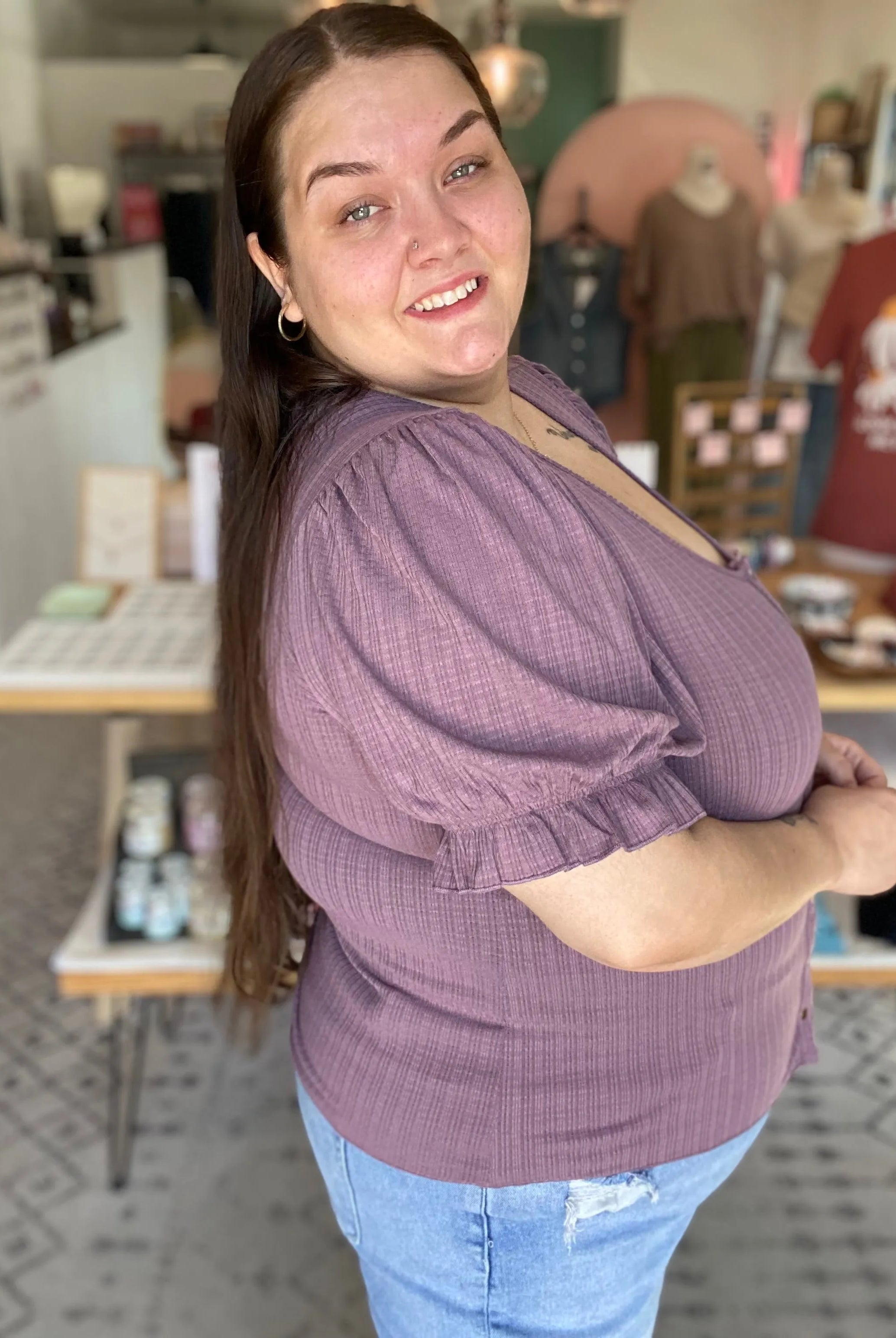 Shop Pointelle Puff Sleeve Snap Front Top- at Ruby Joy Boutique, a Women's Clothing Store in Pickerington, Ohio