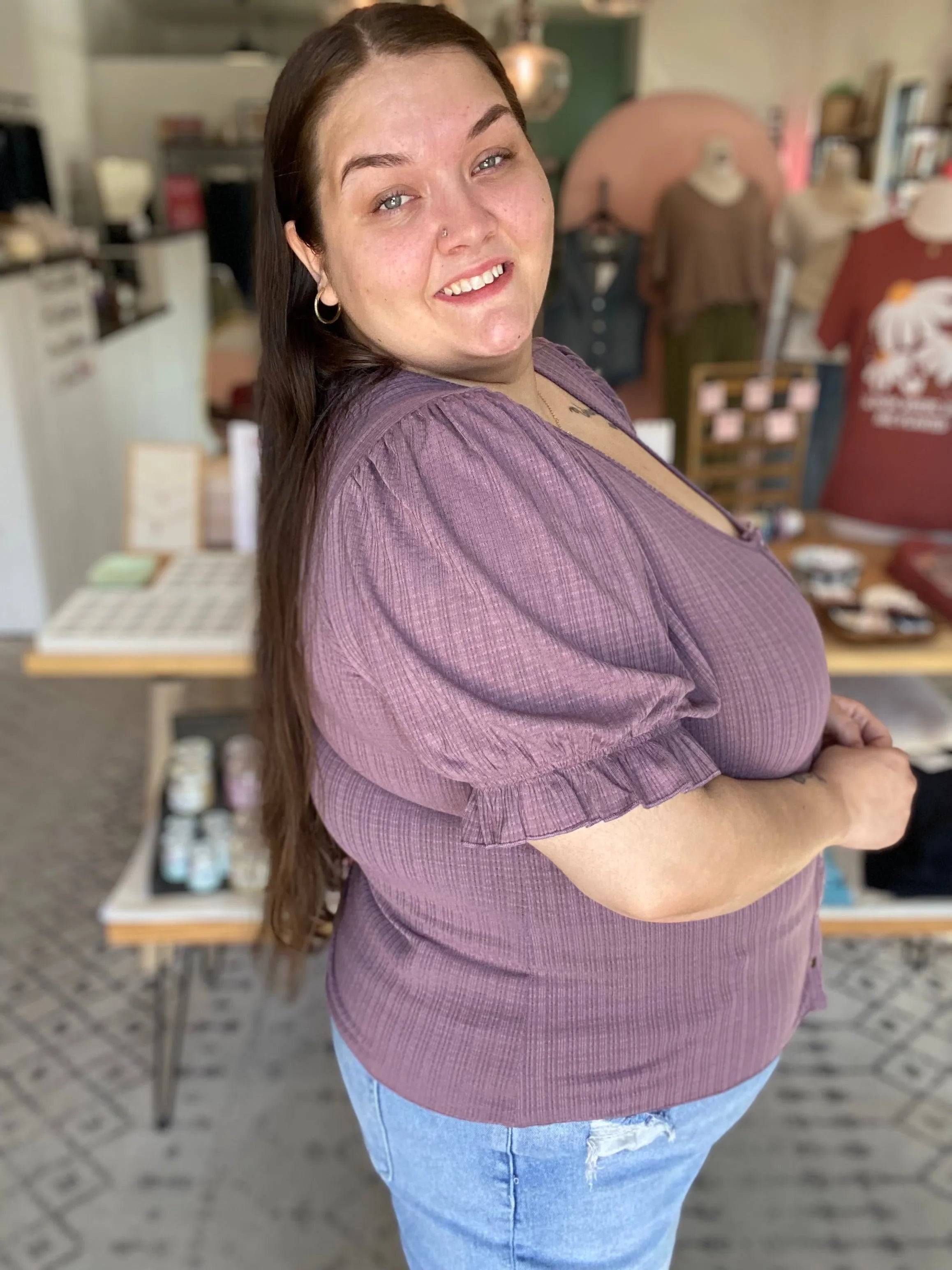 Shop Pointelle Puff Sleeve Snap Front Top- at Ruby Joy Boutique, a Women's Clothing Store in Pickerington, Ohio