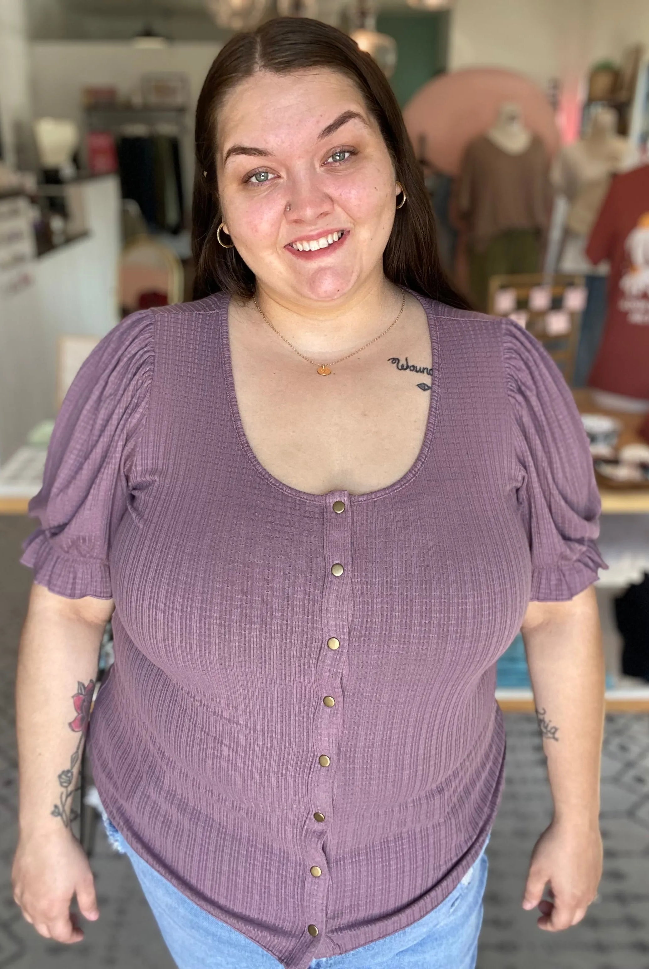 Shop Pointelle Puff Sleeve Snap Front Top- at Ruby Joy Boutique, a Women's Clothing Store in Pickerington, Ohio