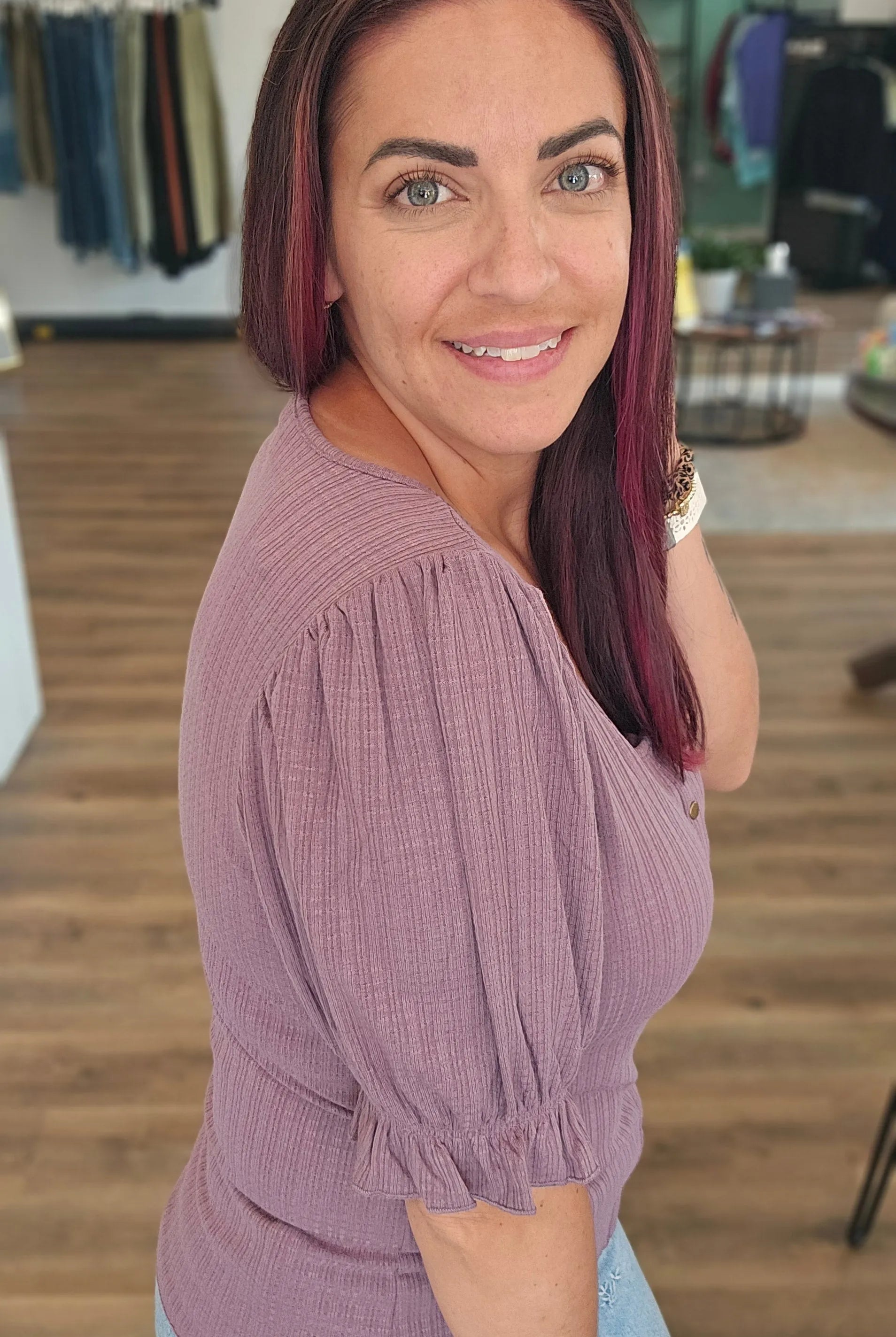 Shop Pointelle Puff Sleeve Snap Front Top- at Ruby Joy Boutique, a Women's Clothing Store in Pickerington, Ohio