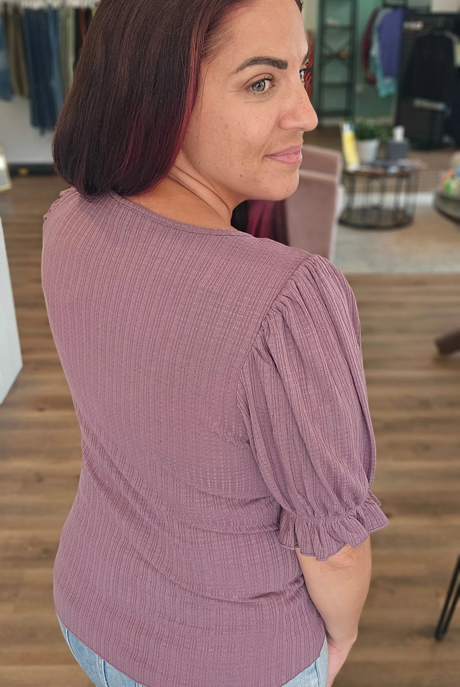 Shop Pointelle Puff Sleeve Snap Front Top- at Ruby Joy Boutique, a Women's Clothing Store in Pickerington, Ohio