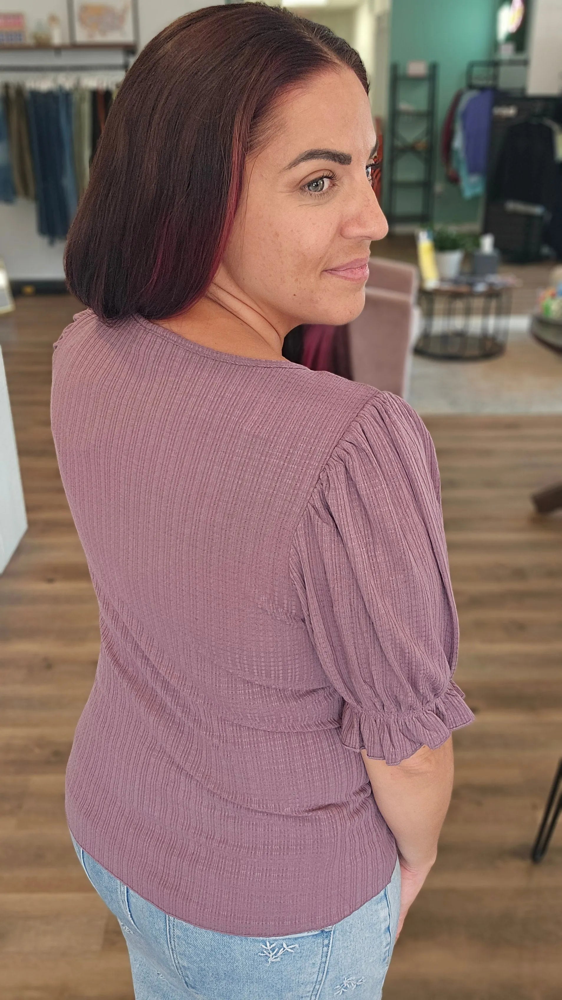 Shop Pointelle Puff Sleeve Snap Front Top- at Ruby Joy Boutique, a Women's Clothing Store in Pickerington, Ohio