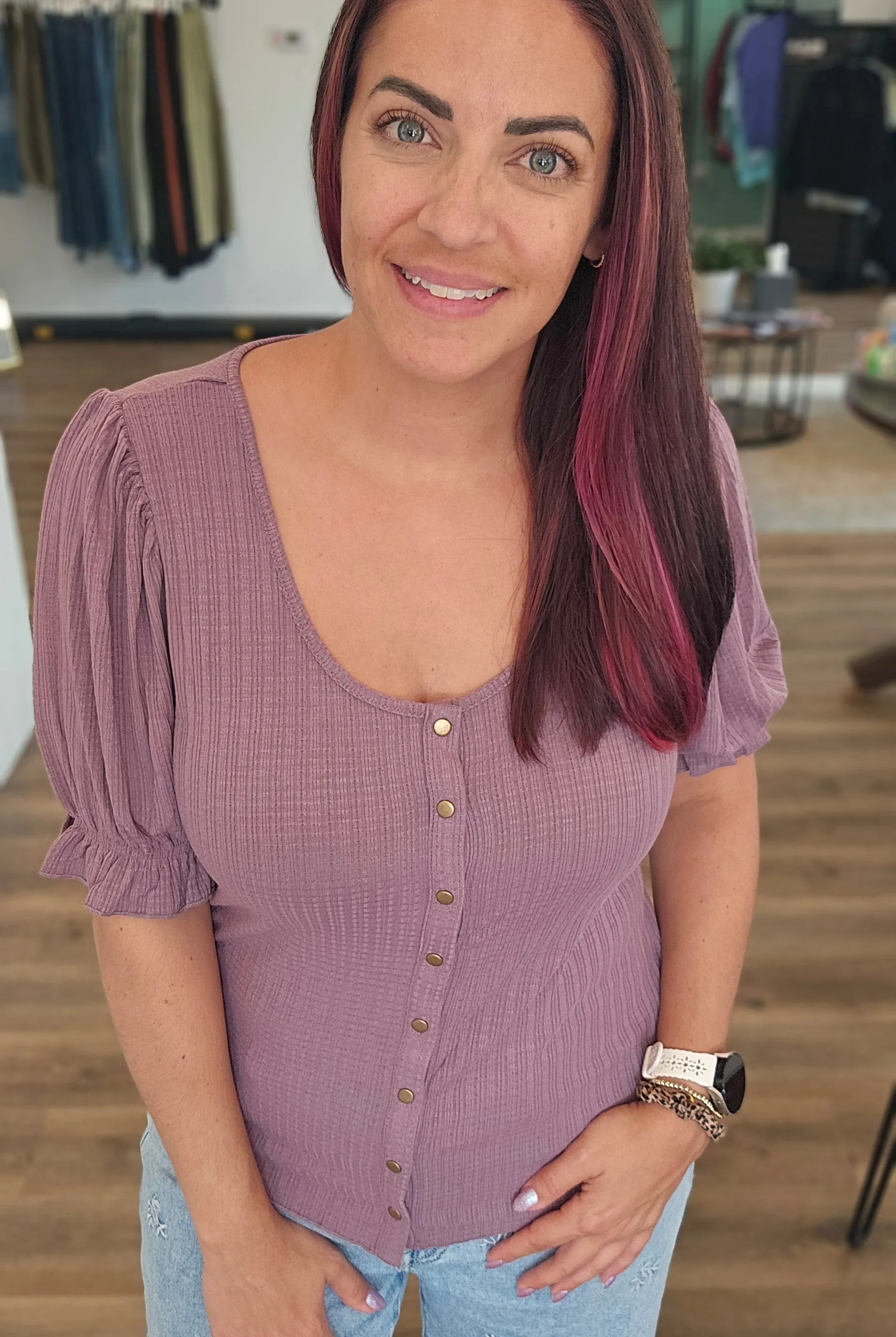 Shop Pointelle Puff Sleeve Snap Front Top- at Ruby Joy Boutique, a Women's Clothing Store in Pickerington, Ohio