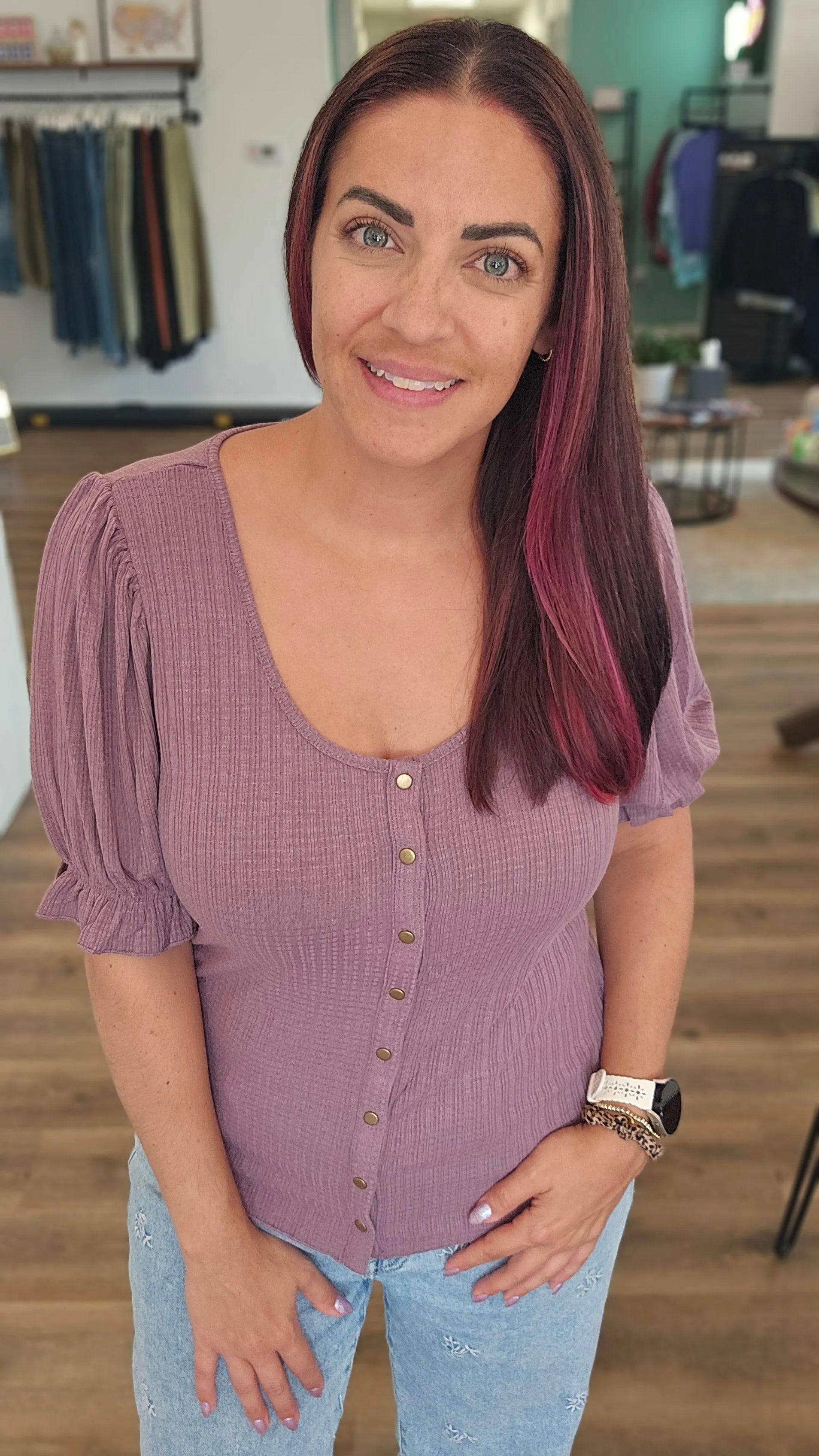 Shop Pointelle Puff Sleeve Snap Front Top- at Ruby Joy Boutique, a Women's Clothing Store in Pickerington, Ohio