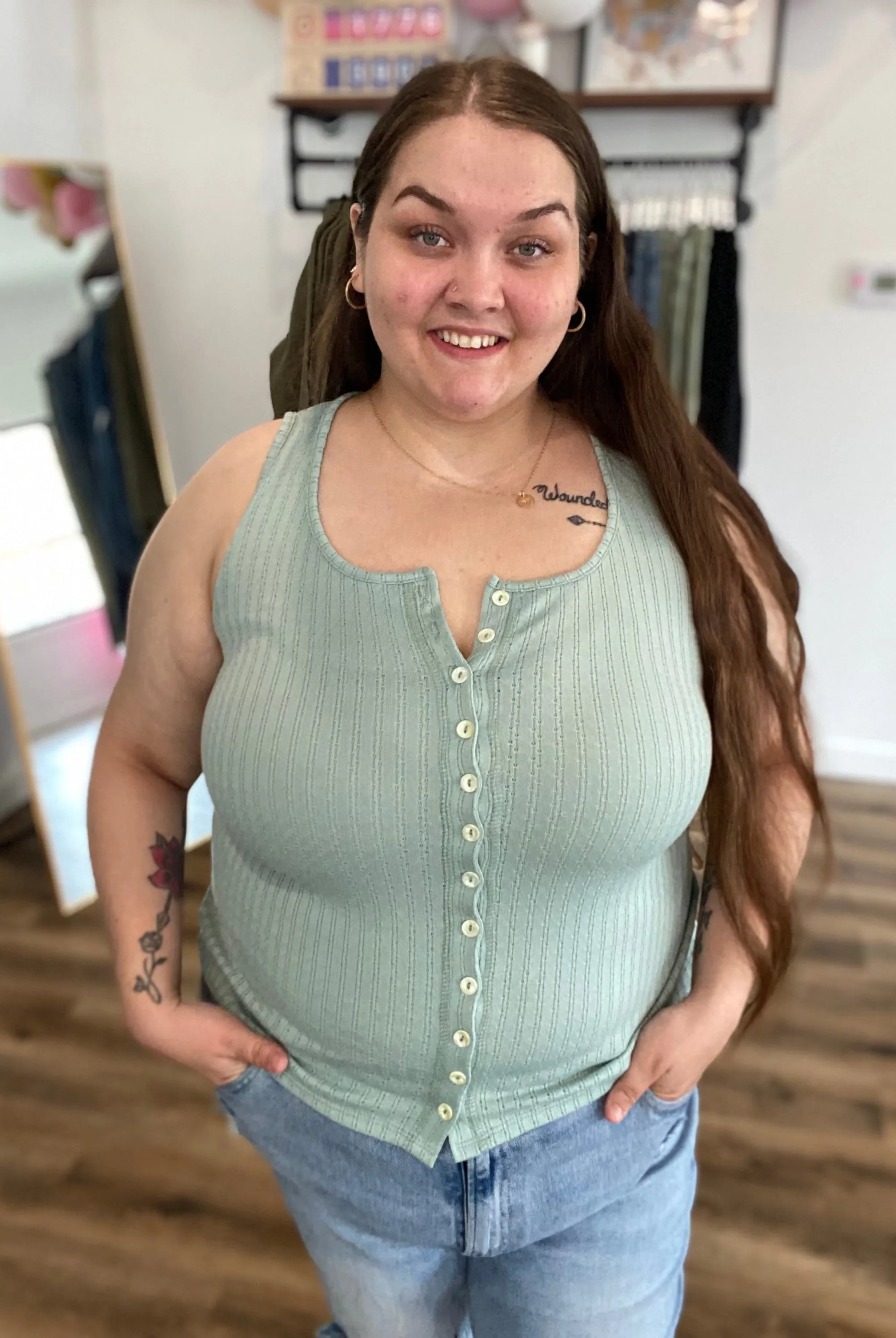 Shop Pointelle Tank Top - Sage- at Ruby Joy Boutique, a Women's Clothing Store in Pickerington, Ohio