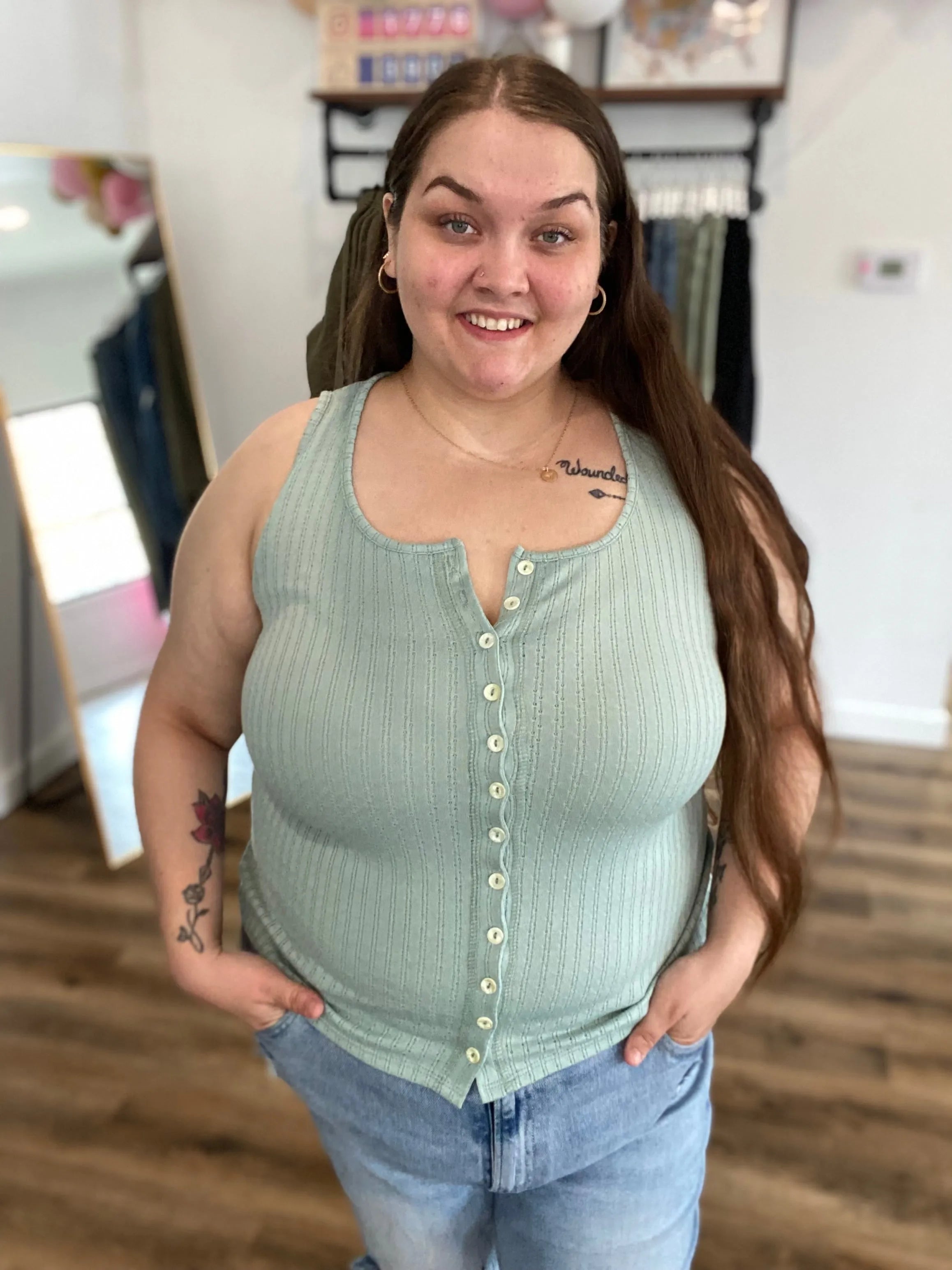 Shop Pointelle Tank Top - Sage- at Ruby Joy Boutique, a Women's Clothing Store in Pickerington, Ohio