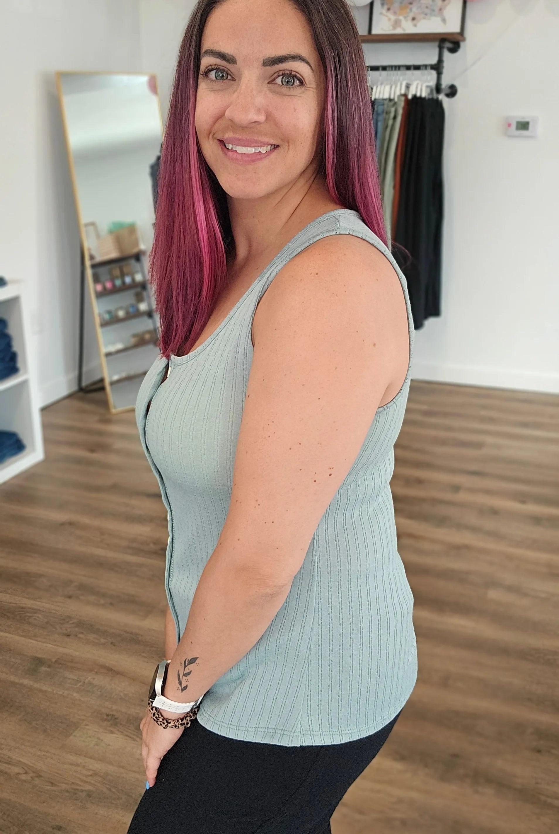 Shop Pointelle Tank Top - Sage- at Ruby Joy Boutique, a Women's Clothing Store in Pickerington, Ohio