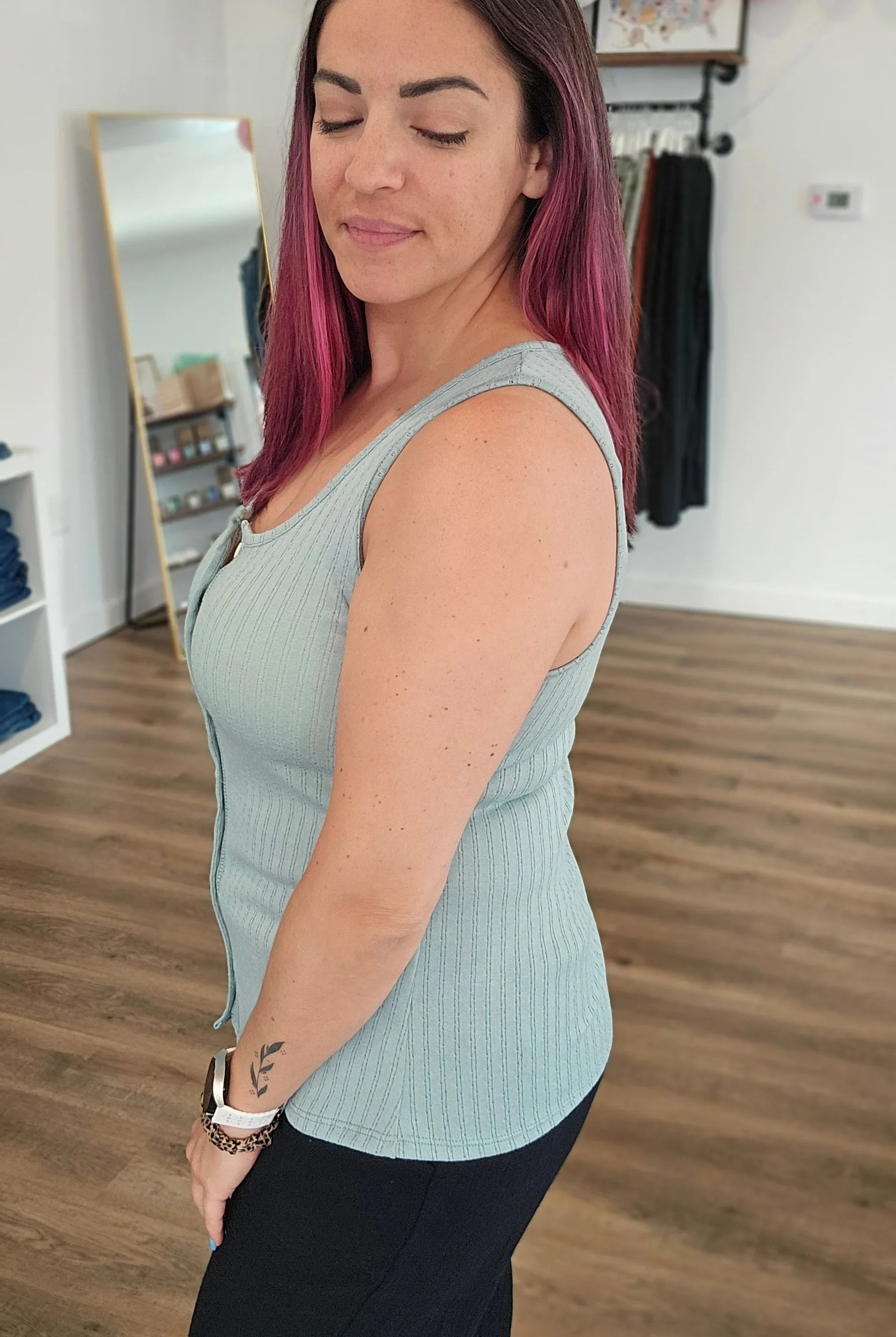 Shop Pointelle Tank Top - Sage- at Ruby Joy Boutique, a Women's Clothing Store in Pickerington, Ohio