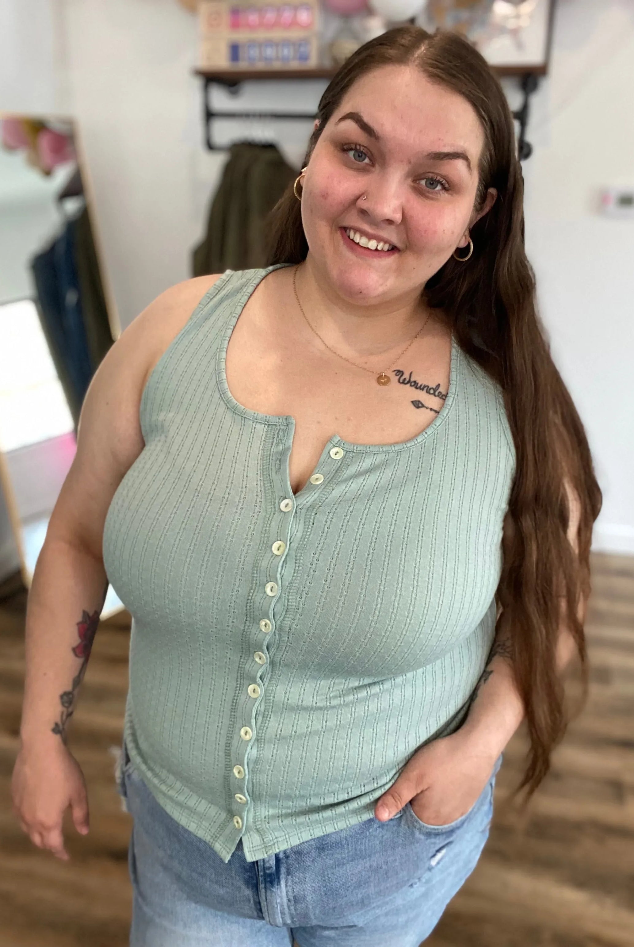 Shop Pointelle Tank Top - Sage- at Ruby Joy Boutique, a Women's Clothing Store in Pickerington, Ohio