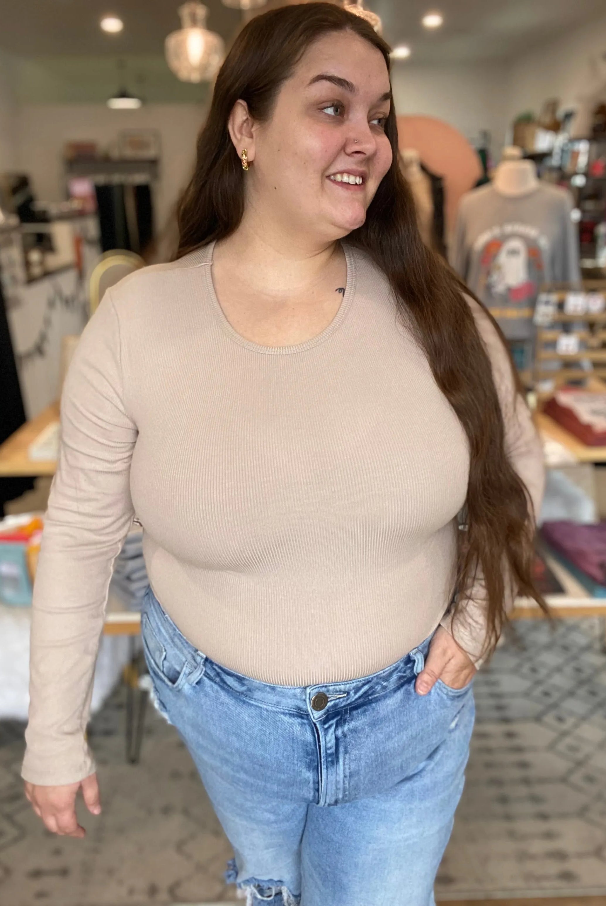 Shop Premium Ribbed Crew Neck - Bisque- at Ruby Joy Boutique, a Women's Clothing Store in Pickerington, Ohio