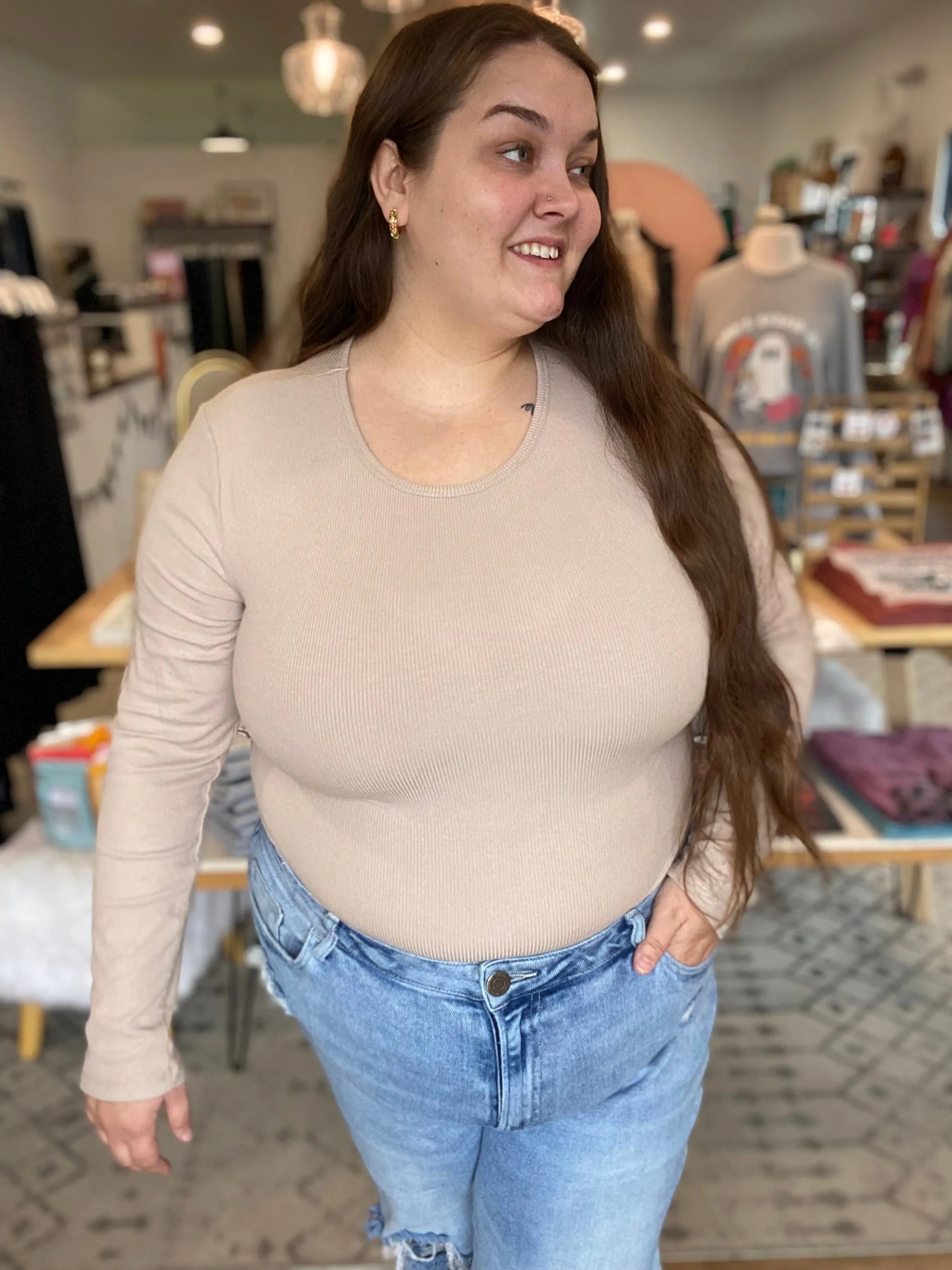Shop Premium Ribbed Crew Neck - Bisque- at Ruby Joy Boutique, a Women's Clothing Store in Pickerington, Ohio