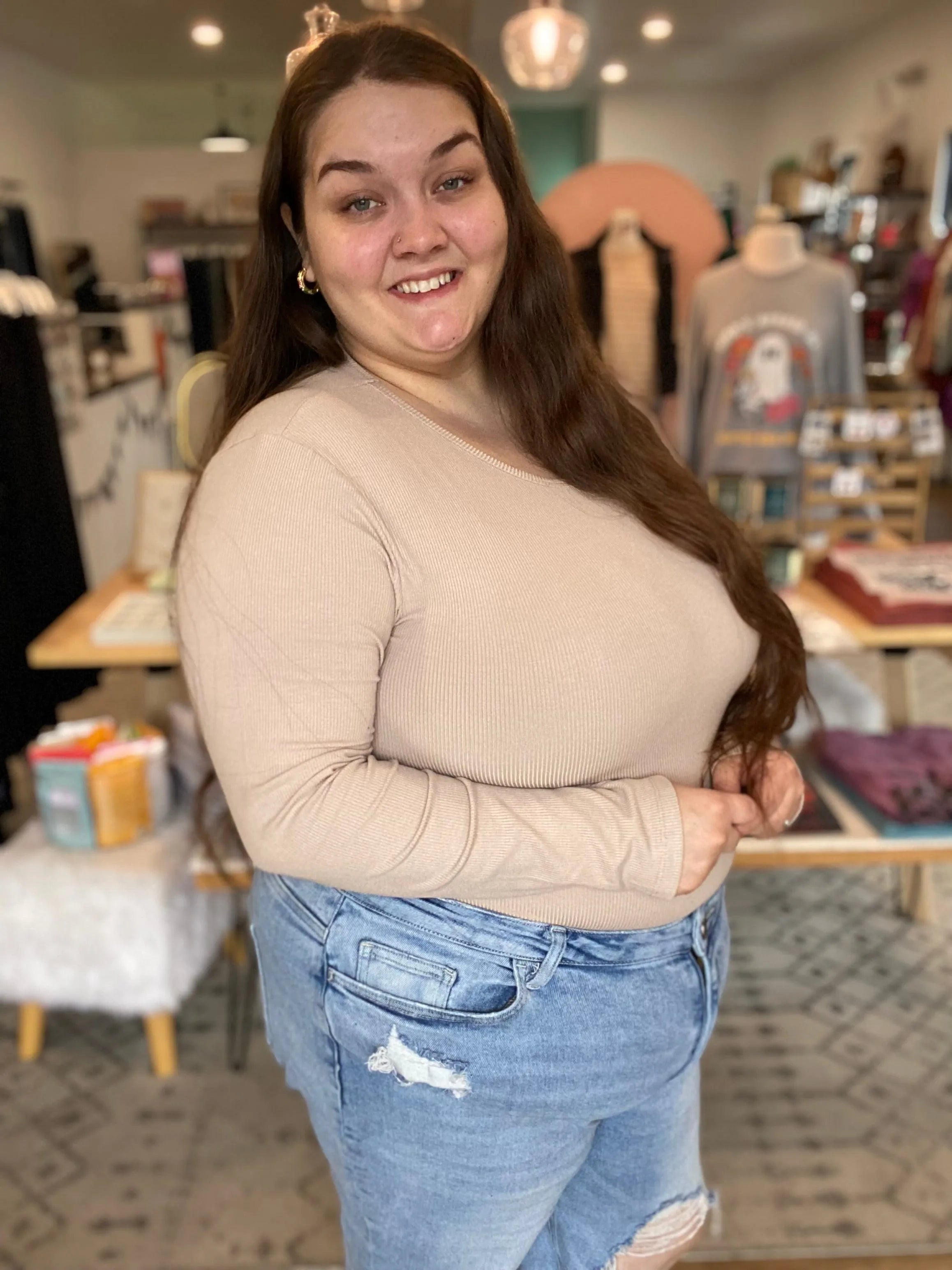 Shop Premium Ribbed Crew Neck - Bisque- at Ruby Joy Boutique, a Women's Clothing Store in Pickerington, Ohio