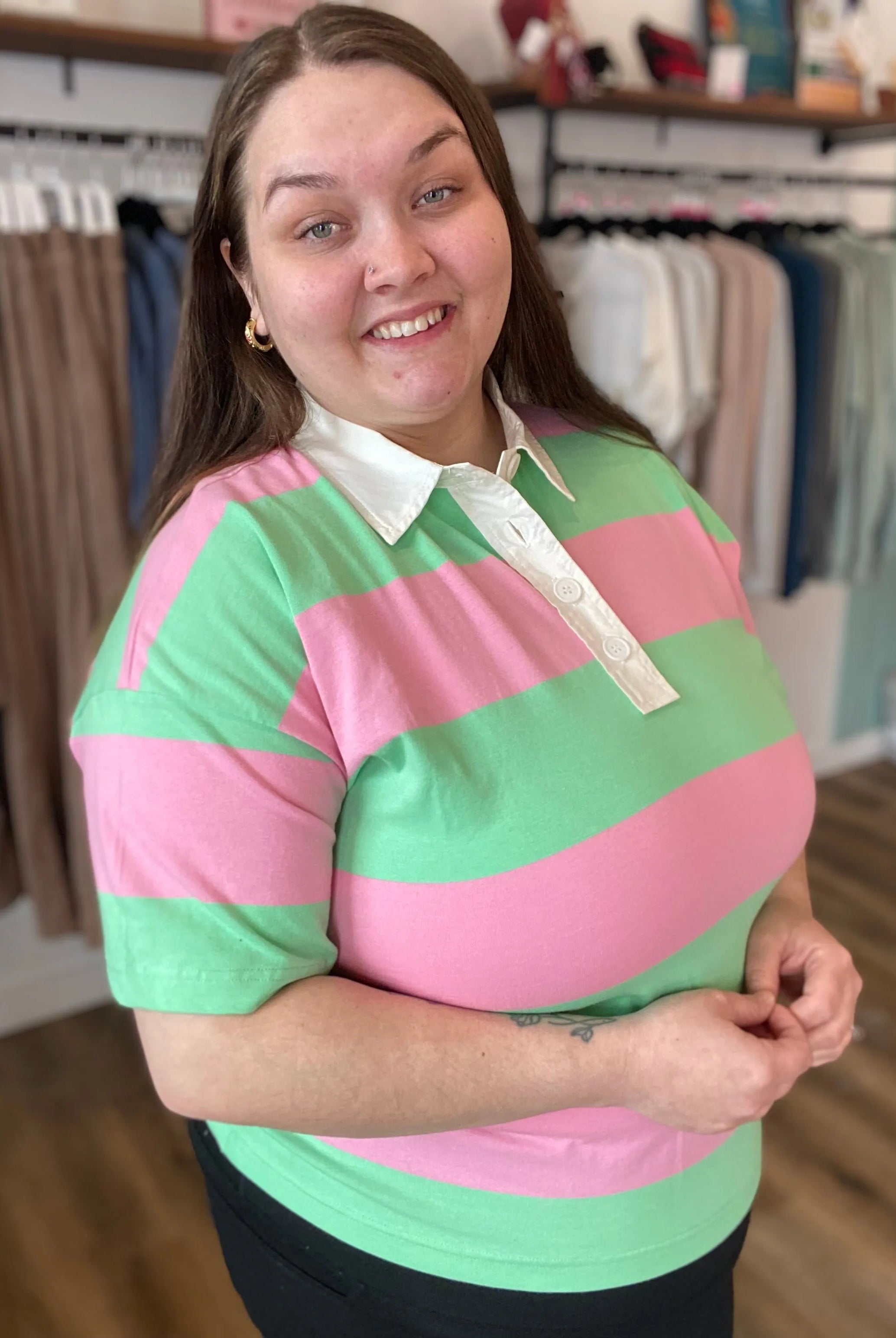 Shop Preppy Oversized Striped Polo – Green & Pink- at Ruby Joy Boutique, a Women's Clothing Store in Pickerington, Ohio