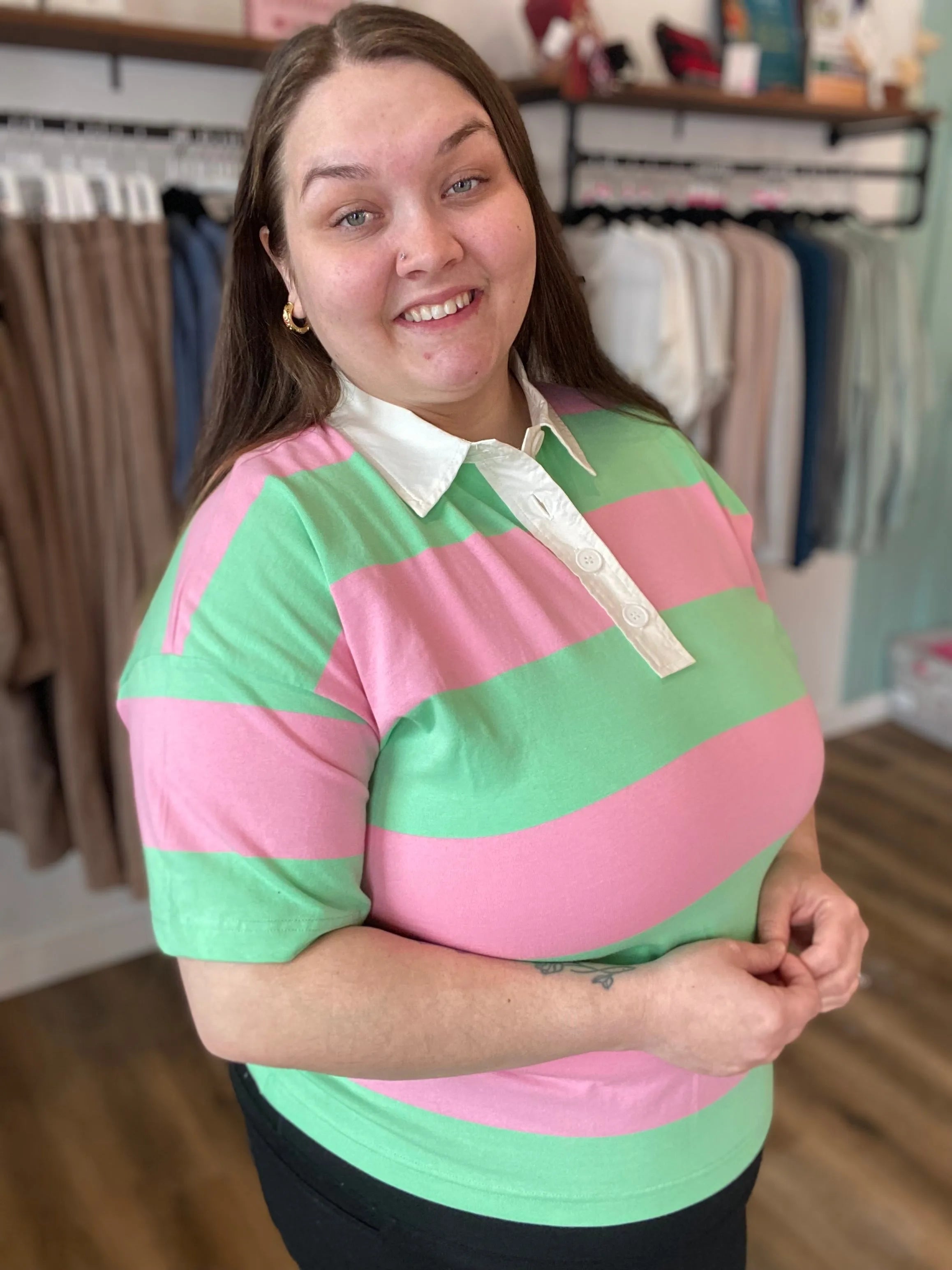Shop Preppy Oversized Striped Polo – Green & Pink- at Ruby Joy Boutique, a Women's Clothing Store in Pickerington, Ohio