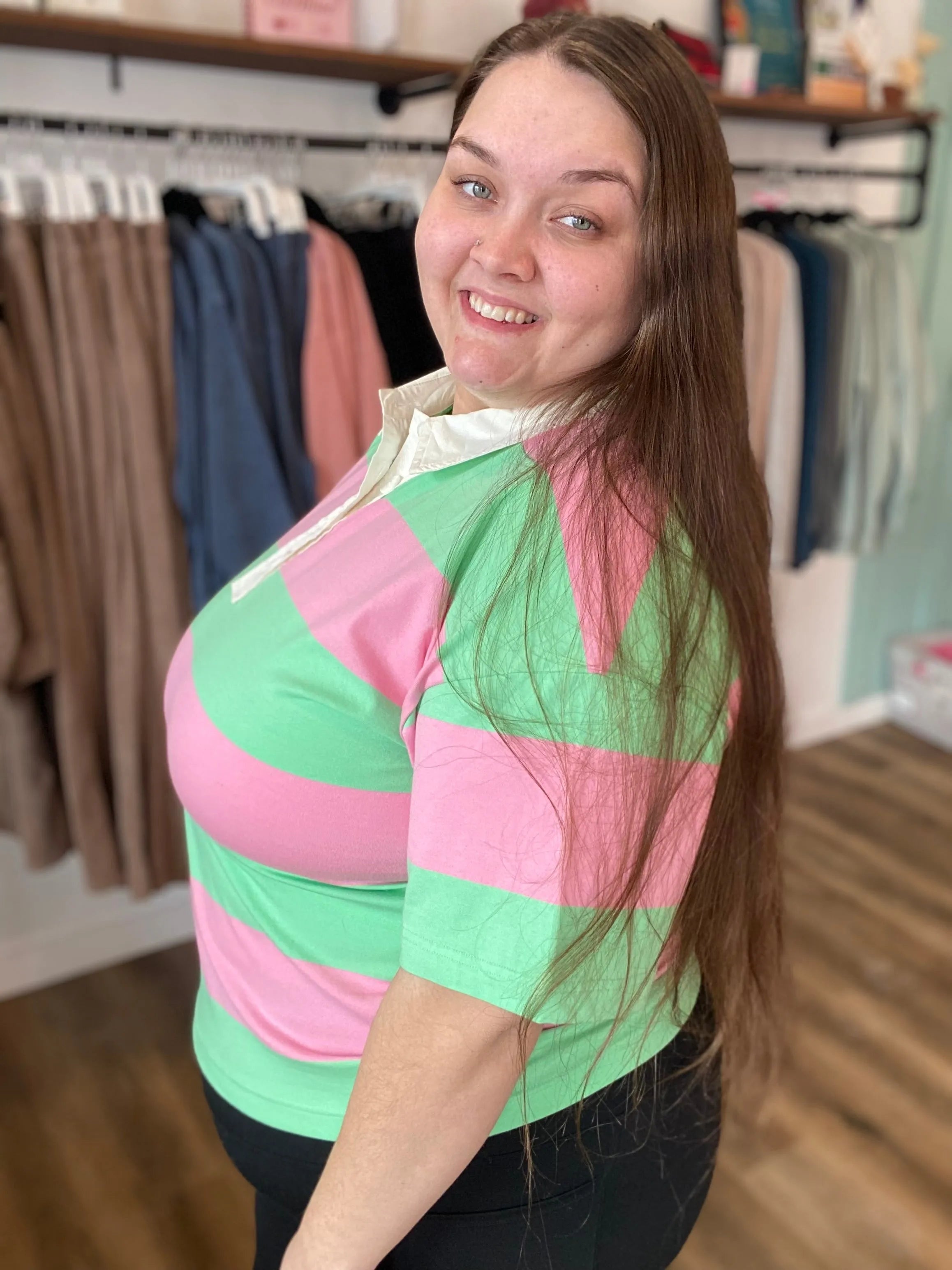 Shop Preppy Oversized Striped Polo – Green & Pink- at Ruby Joy Boutique, a Women's Clothing Store in Pickerington, Ohio