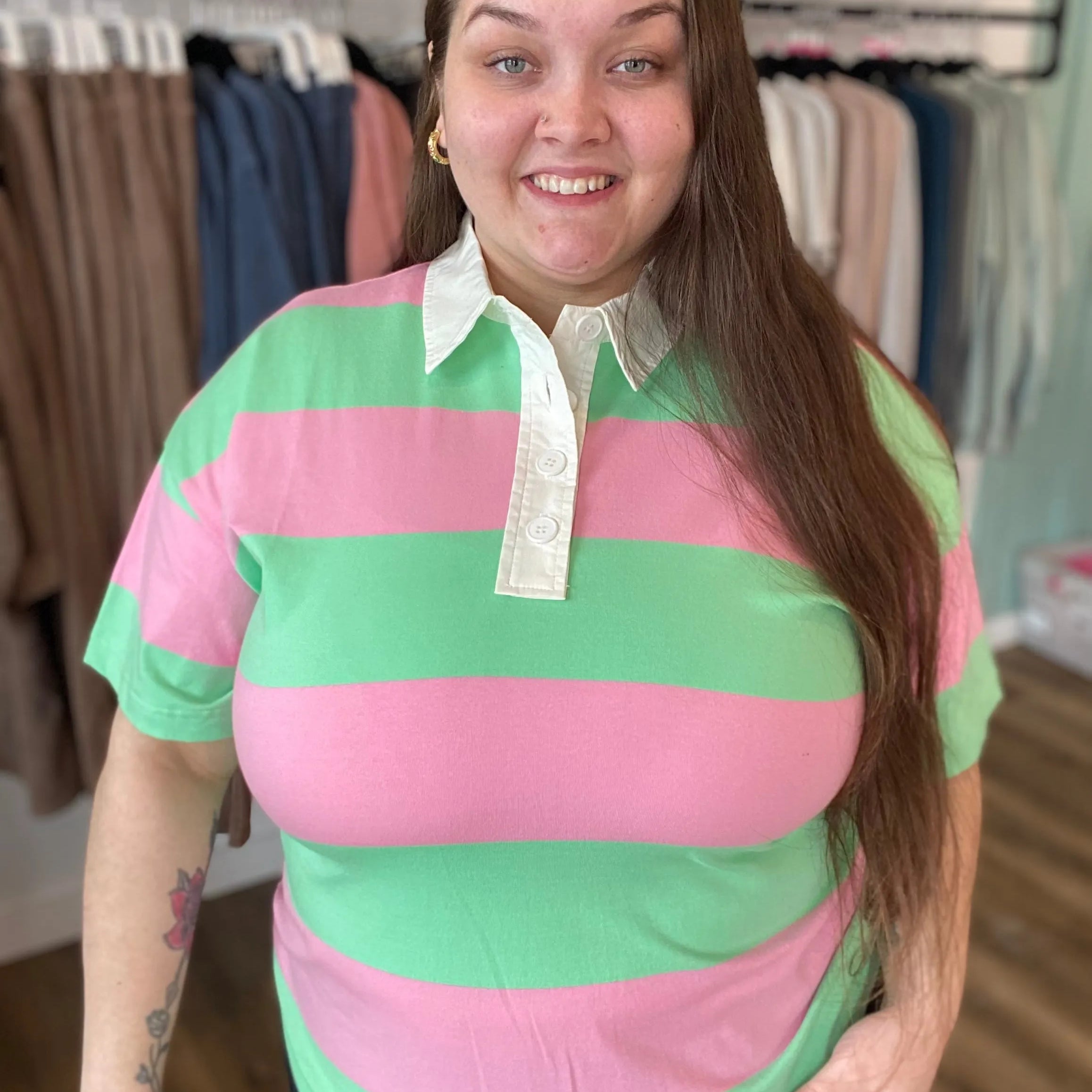 Shop Preppy Oversized Striped Polo – Green & Pink- at Ruby Joy Boutique, a Women's Clothing Store in Pickerington, Ohio