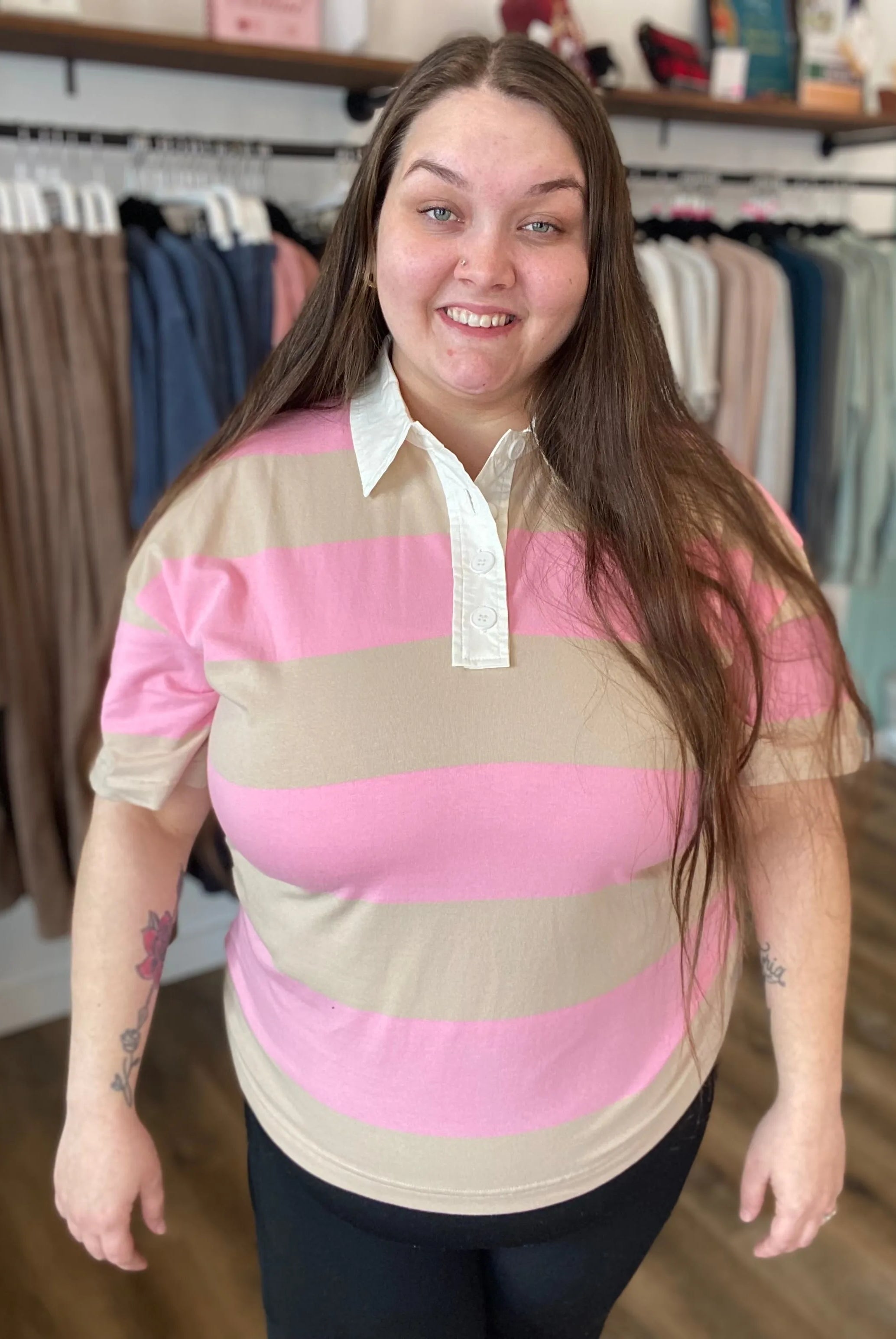 Shop Preppy Oversized Striped Polo - Taupe and Pink- at Ruby Joy Boutique, a Women's Clothing Store in Pickerington, Ohio