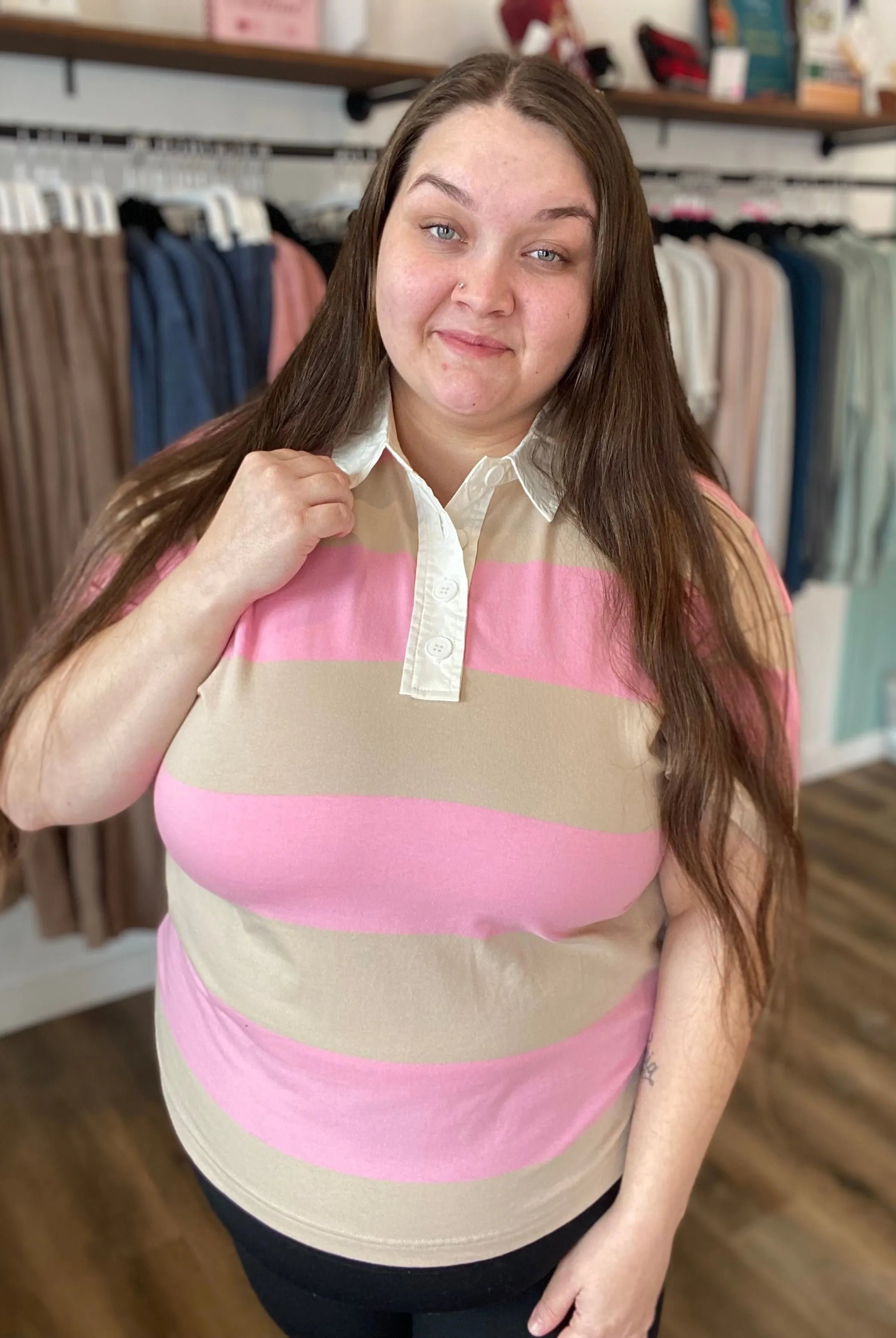 Shop Preppy Oversized Striped Polo - Taupe and Pink- at Ruby Joy Boutique, a Women's Clothing Store in Pickerington, Ohio