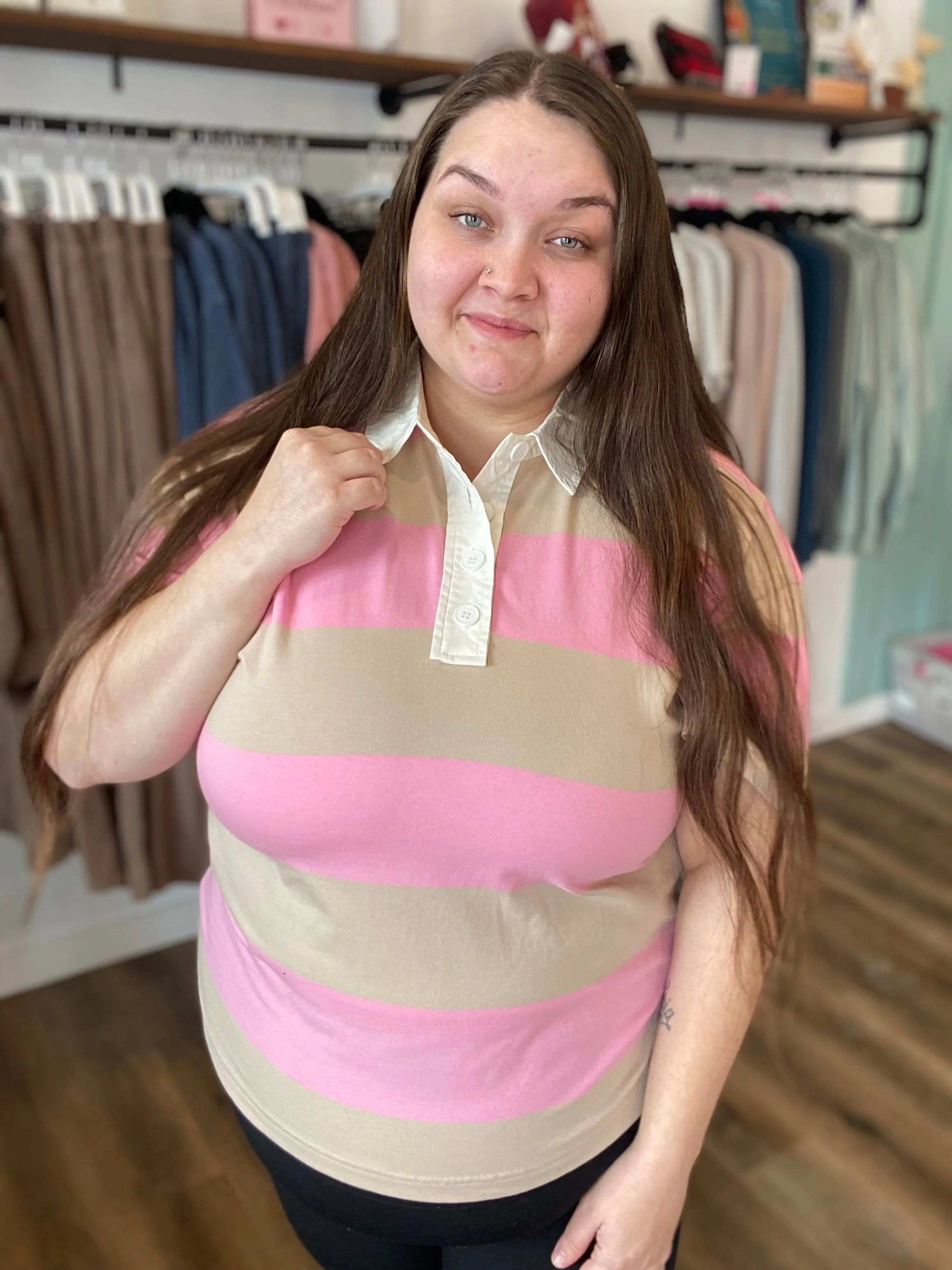 Shop Preppy Oversized Striped Polo - Taupe and Pink- at Ruby Joy Boutique, a Women's Clothing Store in Pickerington, Ohio