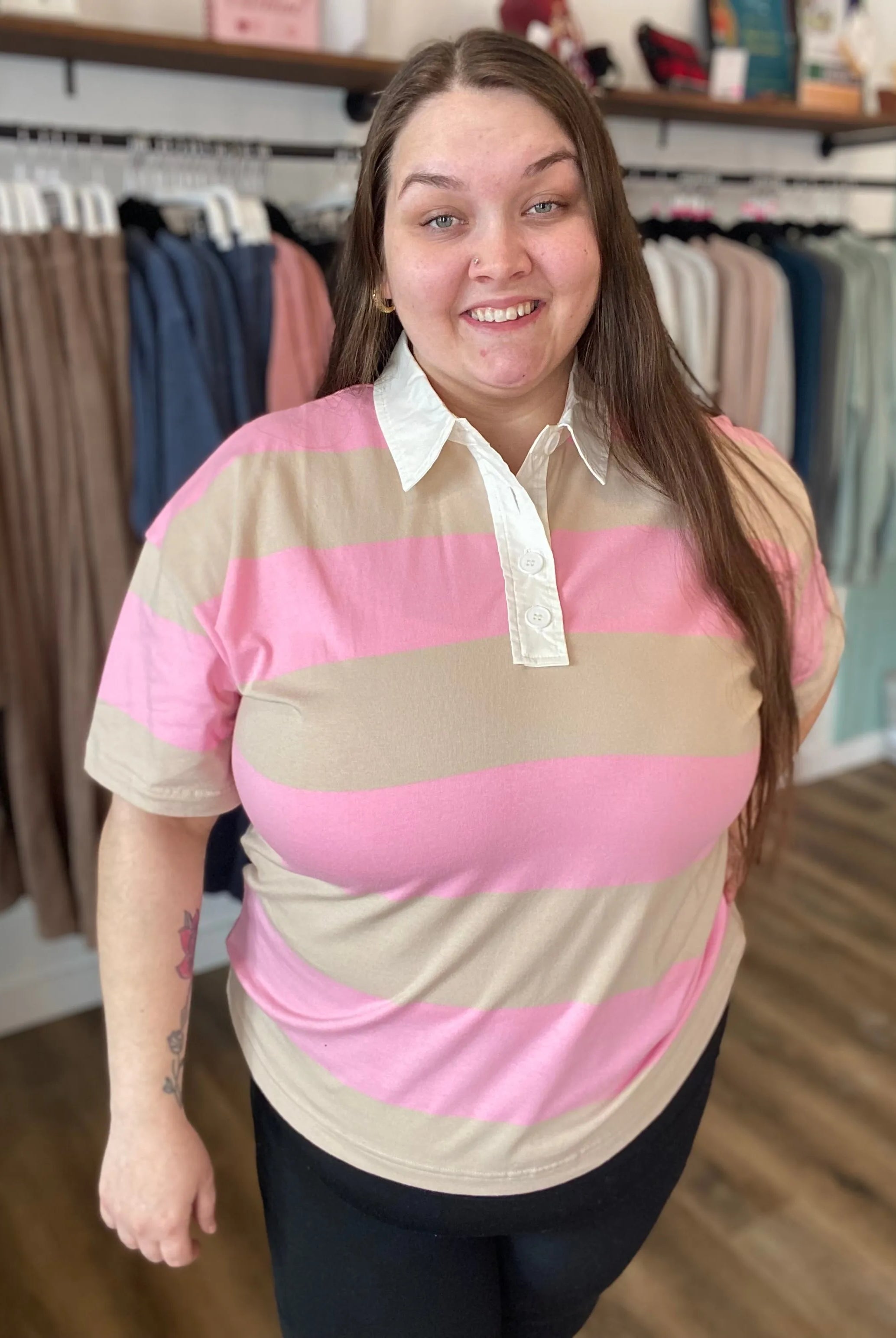 Shop Preppy Oversized Striped Polo - Taupe and Pink- at Ruby Joy Boutique, a Women's Clothing Store in Pickerington, Ohio