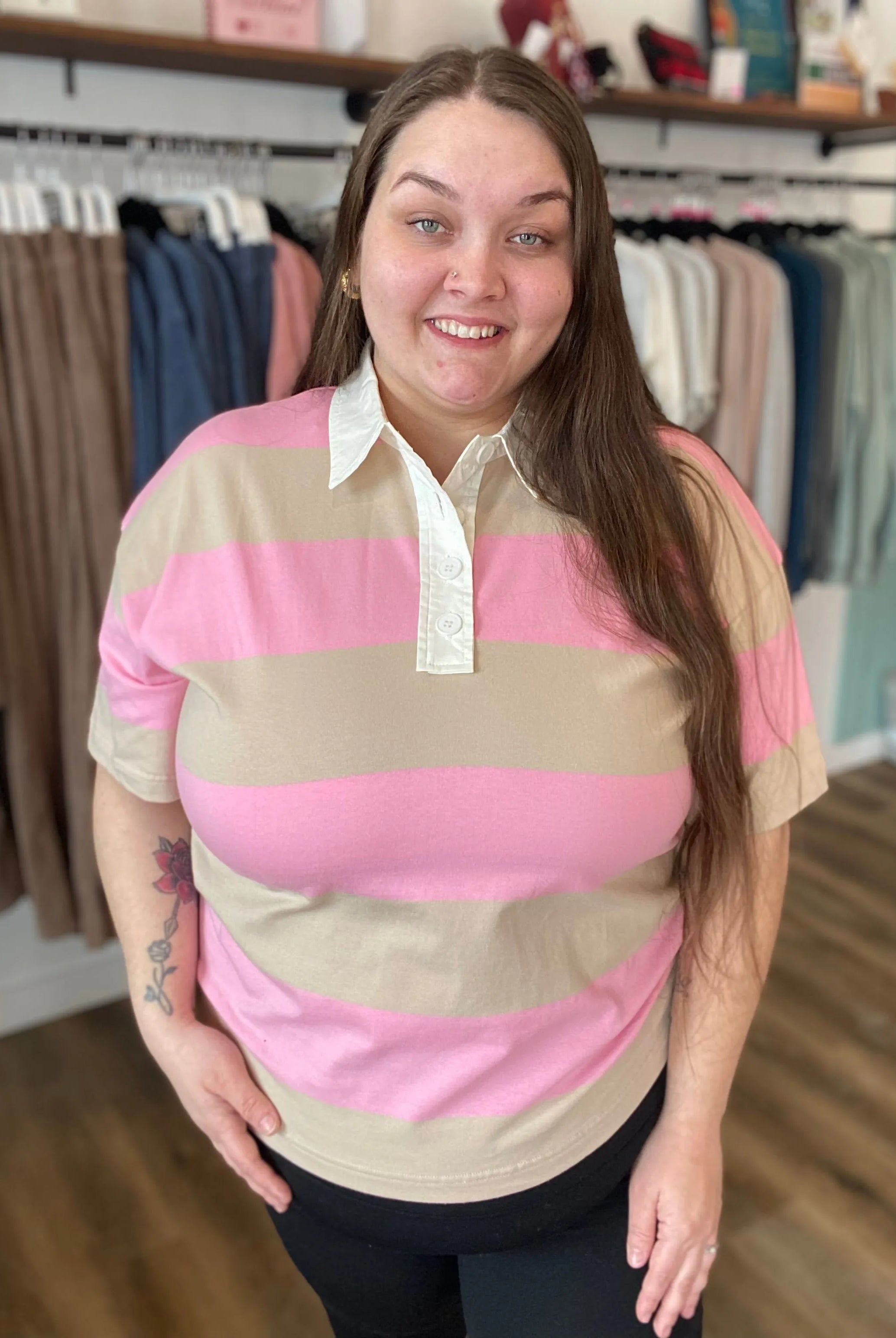 Shop Preppy Oversized Striped Polo - Taupe and Pink- at Ruby Joy Boutique, a Women's Clothing Store in Pickerington, Ohio