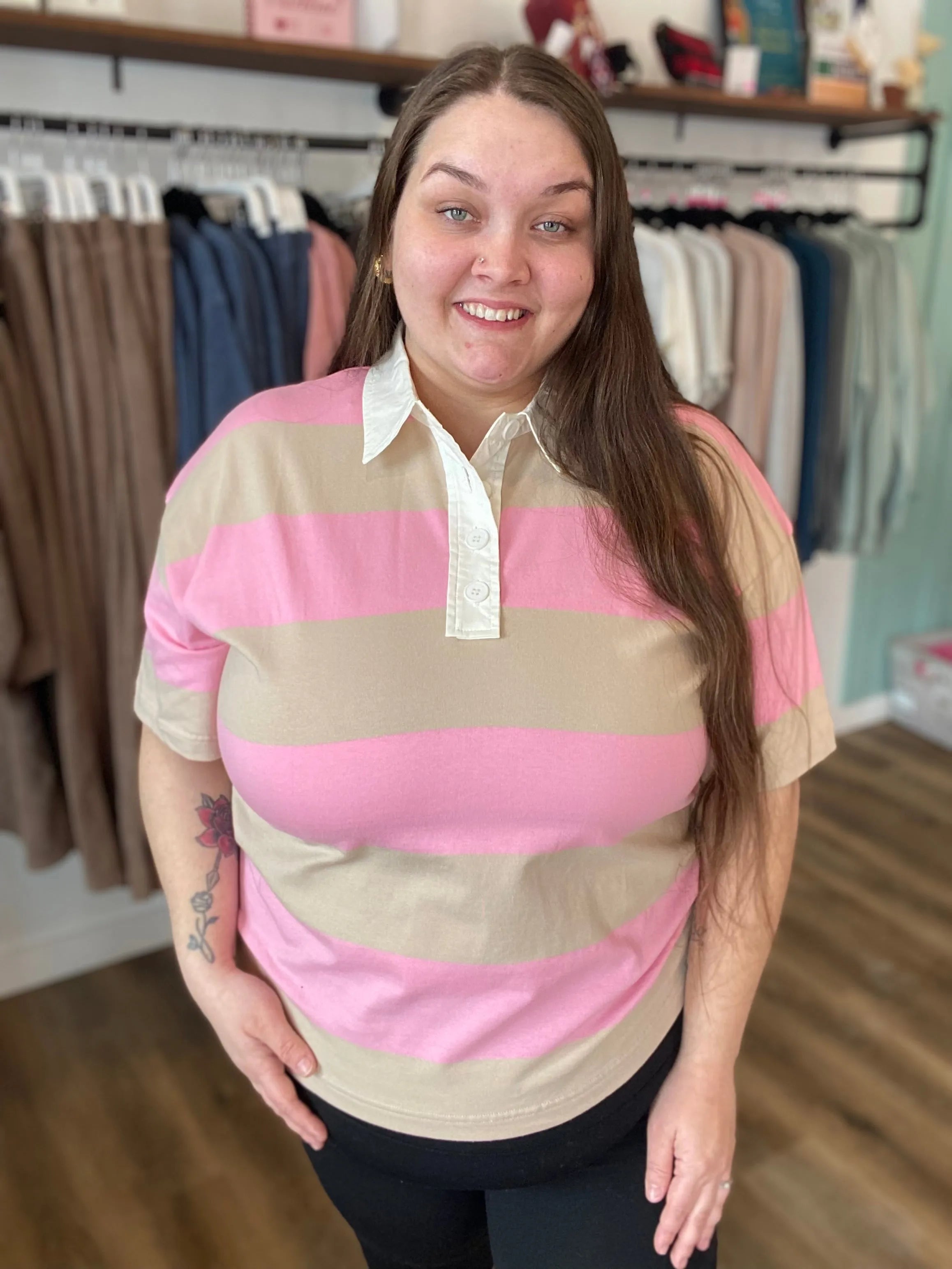 Shop Preppy Oversized Striped Polo - Taupe and Pink- at Ruby Joy Boutique, a Women's Clothing Store in Pickerington, Ohio