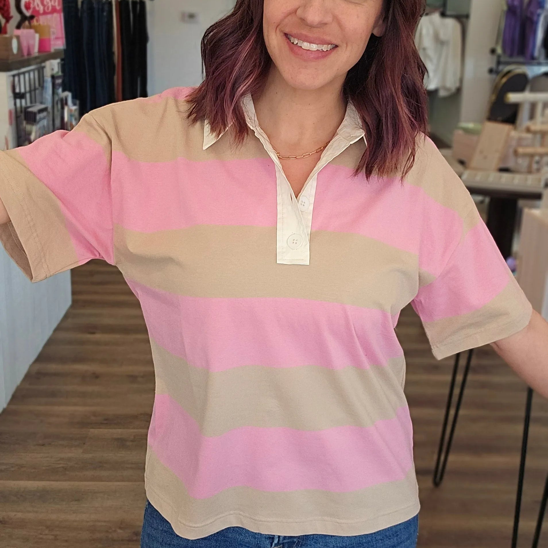 Shop Preppy Oversized Striped Polo - Taupe and Pink- at Ruby Joy Boutique, a Women's Clothing Store in Pickerington, Ohio