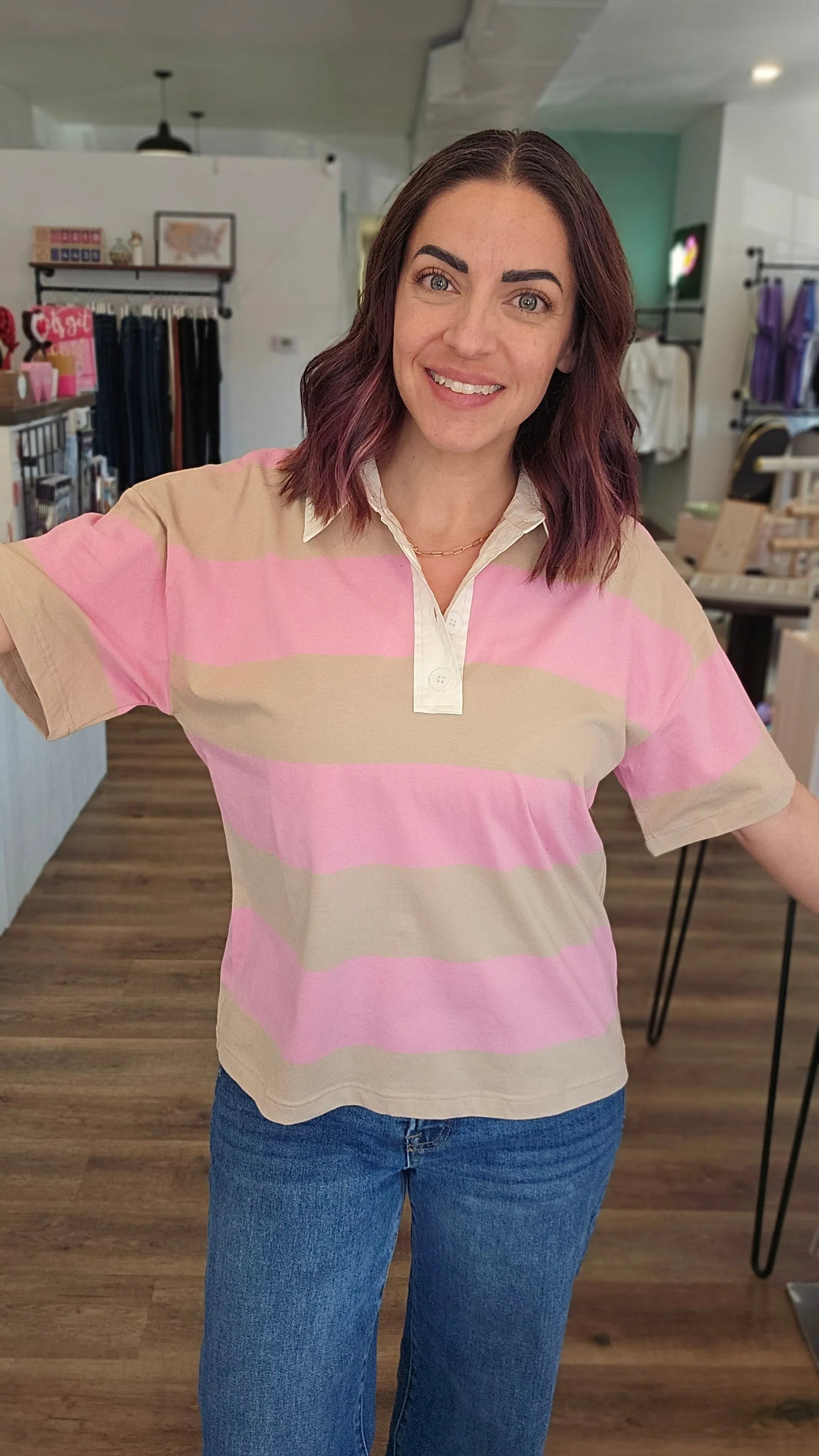 Shop Preppy Oversized Striped Polo - Taupe and Pink- at Ruby Joy Boutique, a Women's Clothing Store in Pickerington, Ohio
