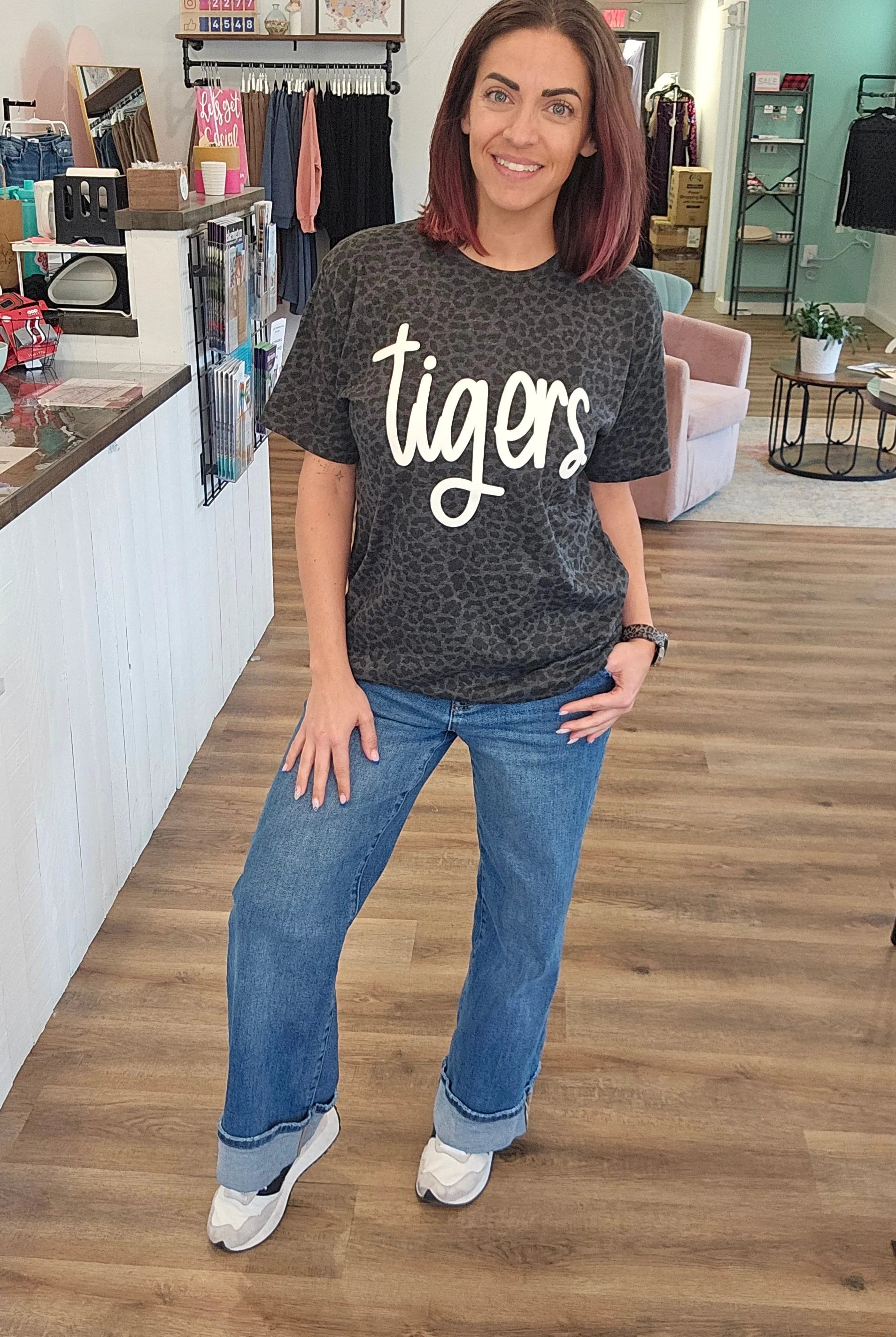 Shop Puff Print Script Mascot Leopard Print Tee- at Ruby Joy Boutique, a Women's Clothing Store in Pickerington, Ohio