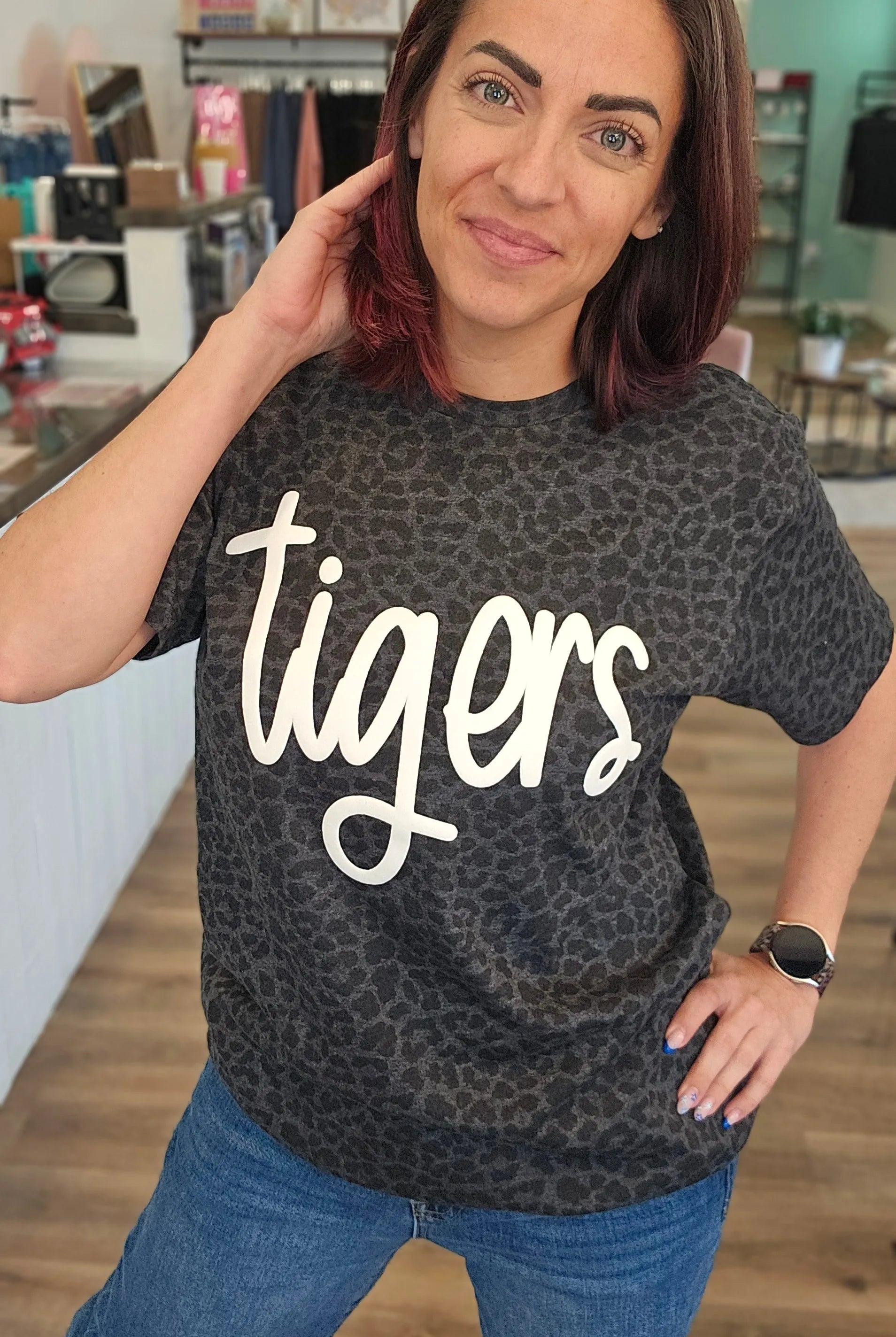 Shop Puff Print Script Mascot Leopard Print Tee- at Ruby Joy Boutique, a Women's Clothing Store in Pickerington, Ohio