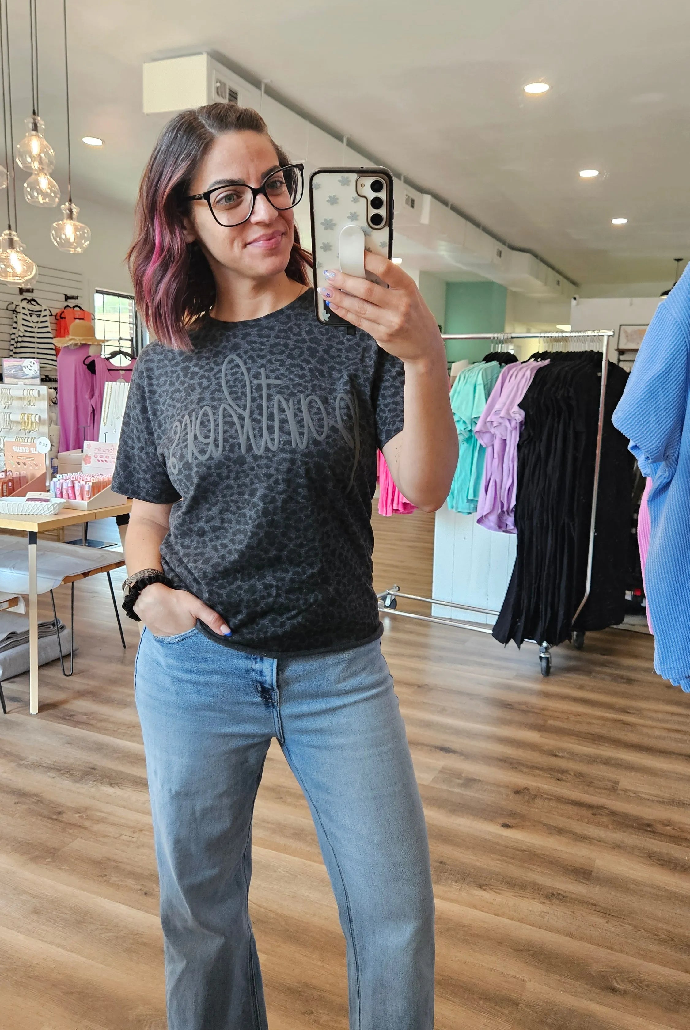 Shop Puff Print Script Mascot Leopard Print Tee- at Ruby Joy Boutique, a Women's Clothing Store in Pickerington, Ohio