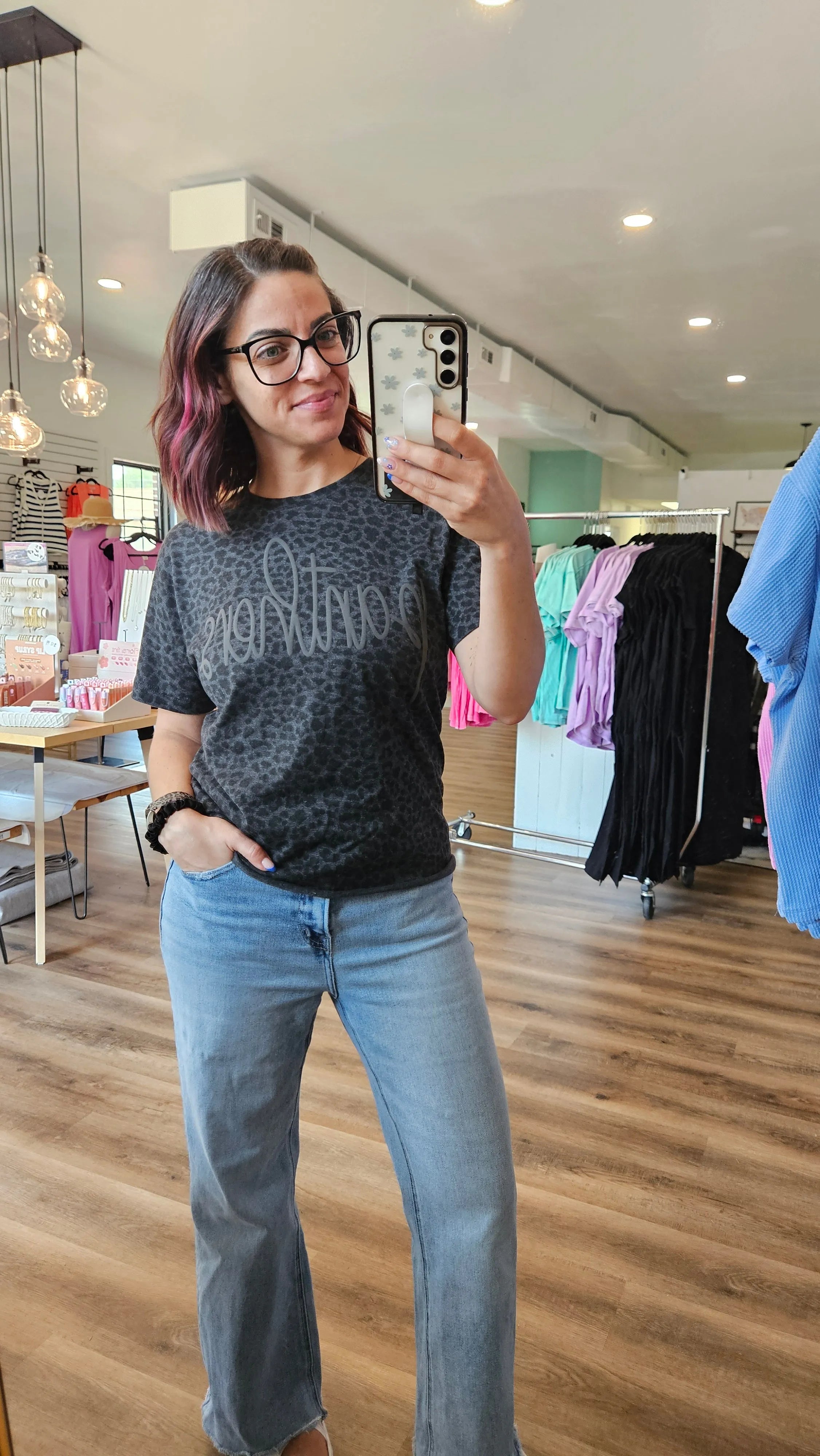 Shop Puff Print Script Mascot Leopard Print Tee- at Ruby Joy Boutique, a Women's Clothing Store in Pickerington, Ohio