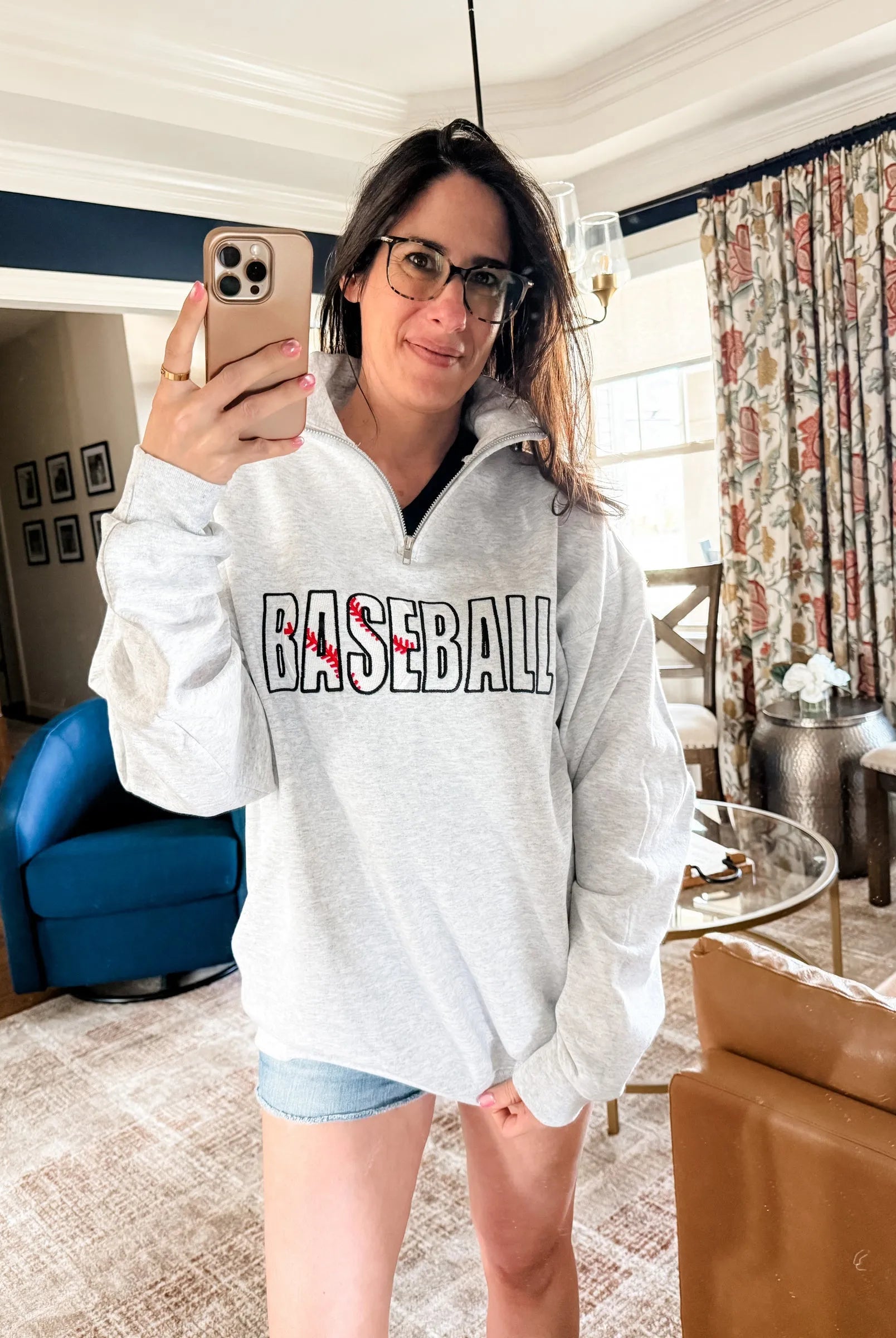 Shop Quarter-Zip Embroidered Sports Sweatshirt-S at Ruby Joy Boutique, a Women's Clothing Store in Pickerington, Ohio