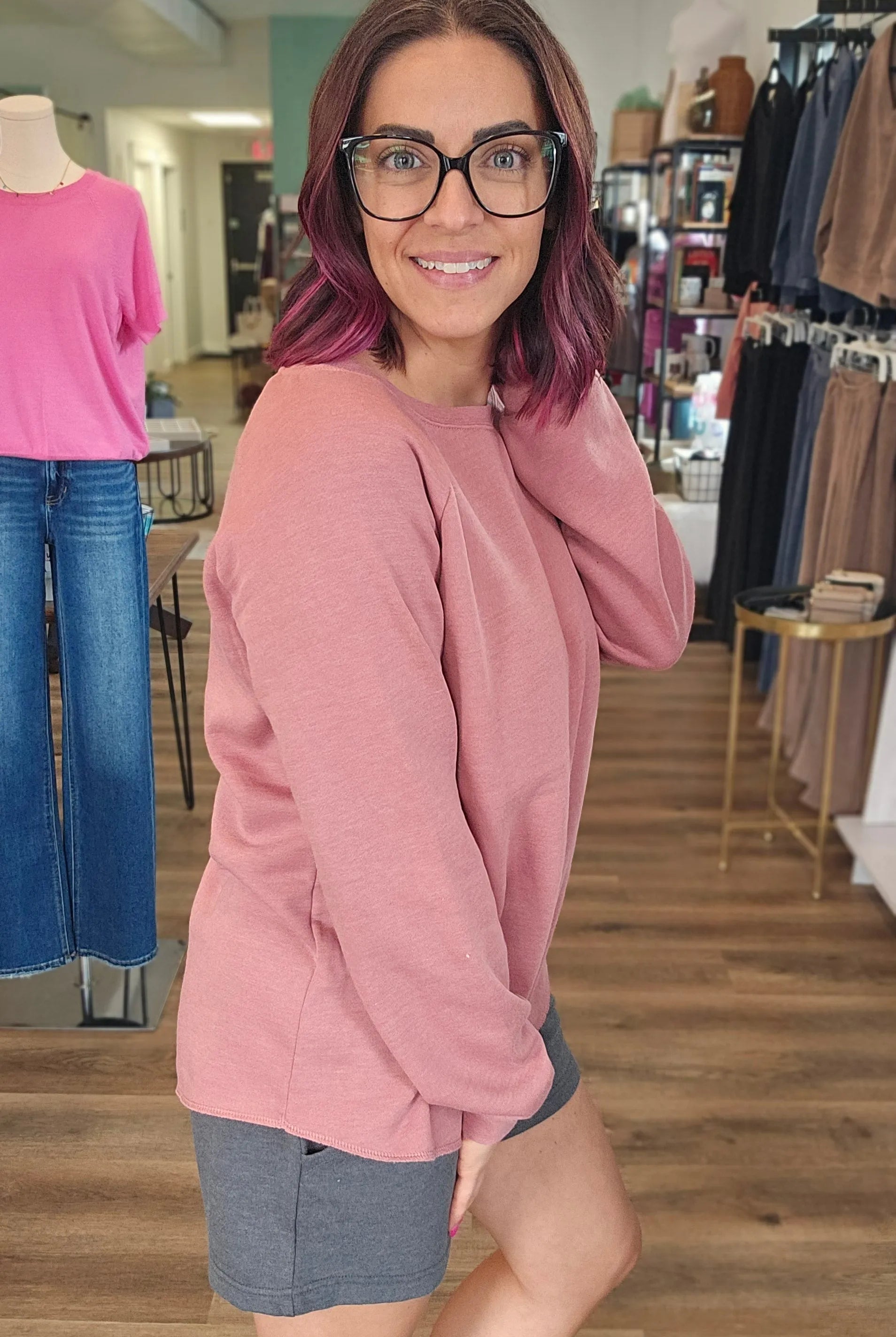 Shop Raglan Crew Neck - Rose- at Ruby Joy Boutique, a Women's Clothing Store in Pickerington, Ohio