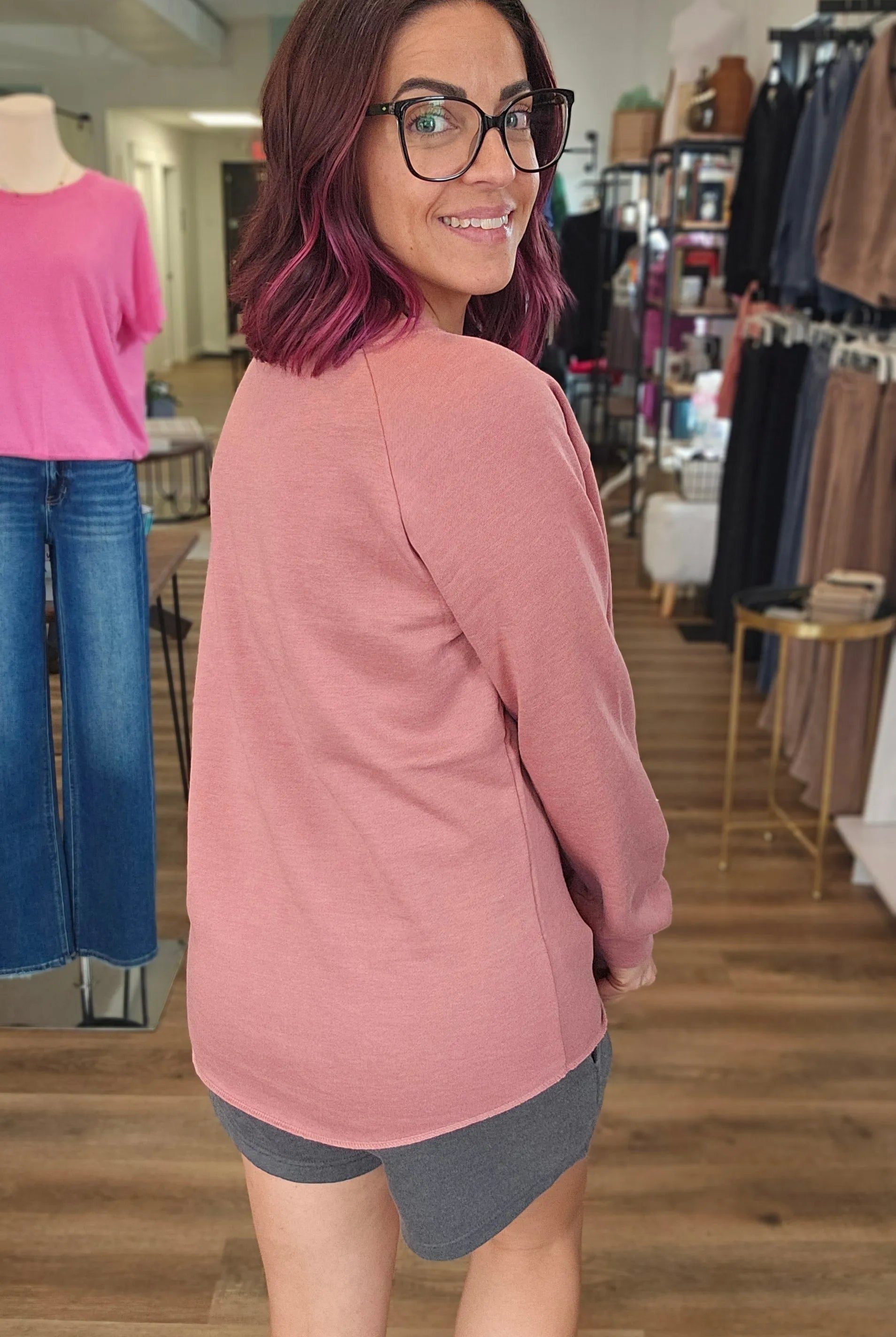 Shop Raglan Crew Neck - Rose- at Ruby Joy Boutique, a Women's Clothing Store in Pickerington, Ohio