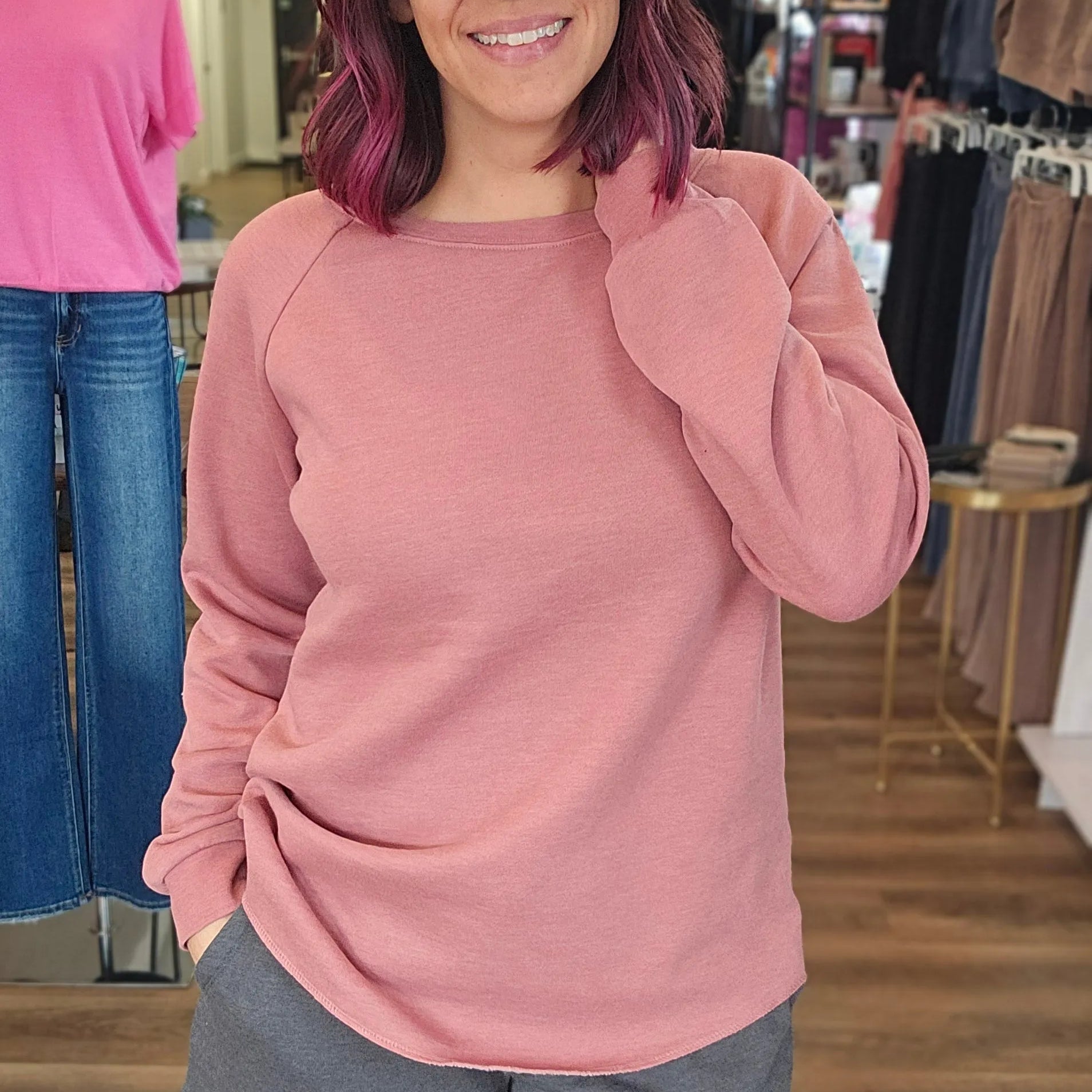 Shop Raglan Crew Neck - Rose- at Ruby Joy Boutique, a Women's Clothing Store in Pickerington, Ohio