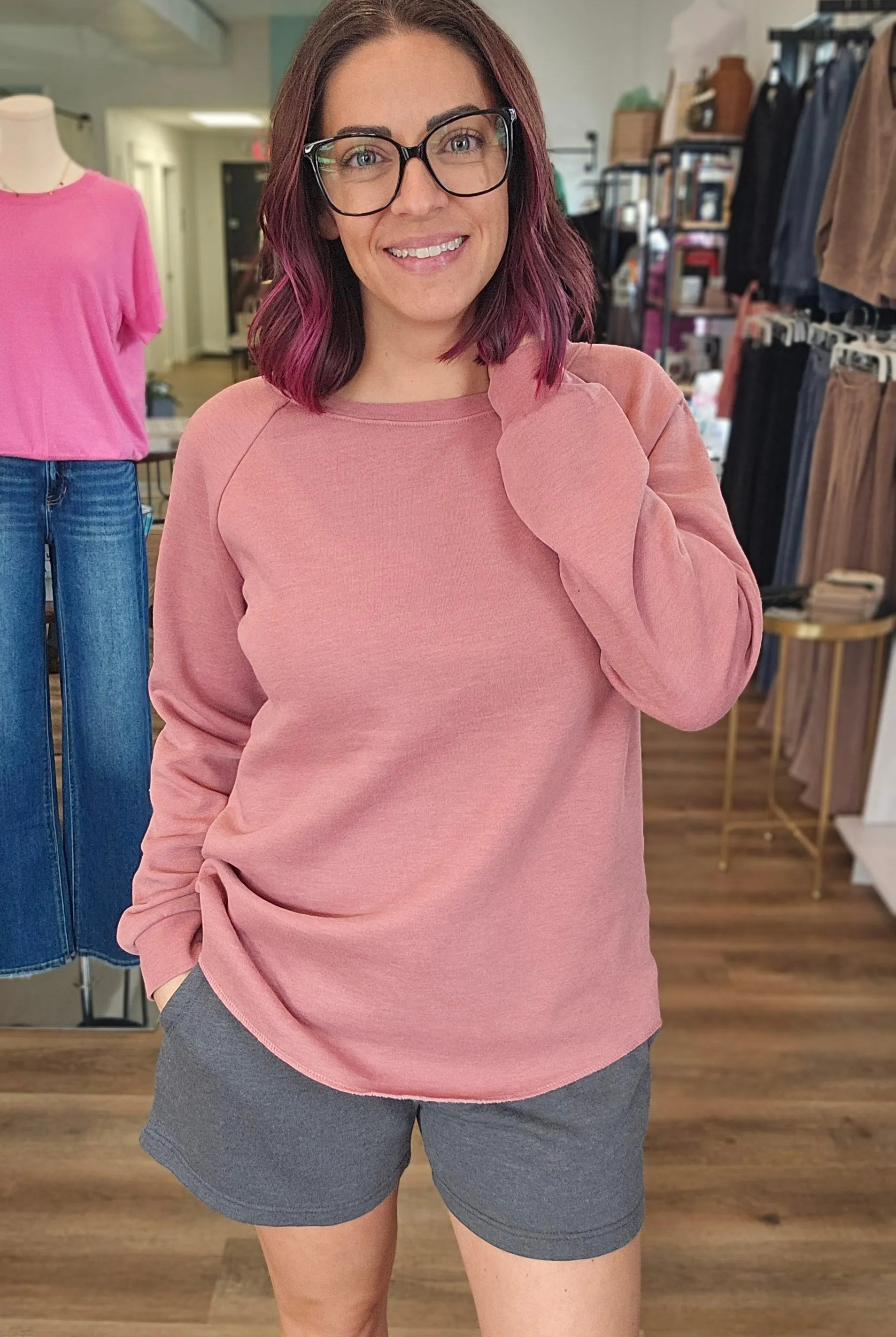 Shop Raglan Crew Neck - Rose- at Ruby Joy Boutique, a Women's Clothing Store in Pickerington, Ohio
