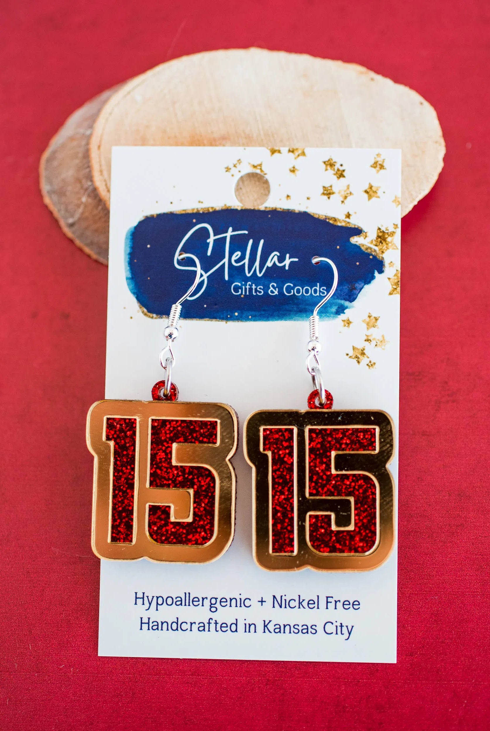 Shop Red Glitter &Gold Mirror 15 Dangles KC Chiefs Football Mahomes-Earrings at Ruby Joy Boutique, a Women's Clothing Store in Pickerington, Ohio