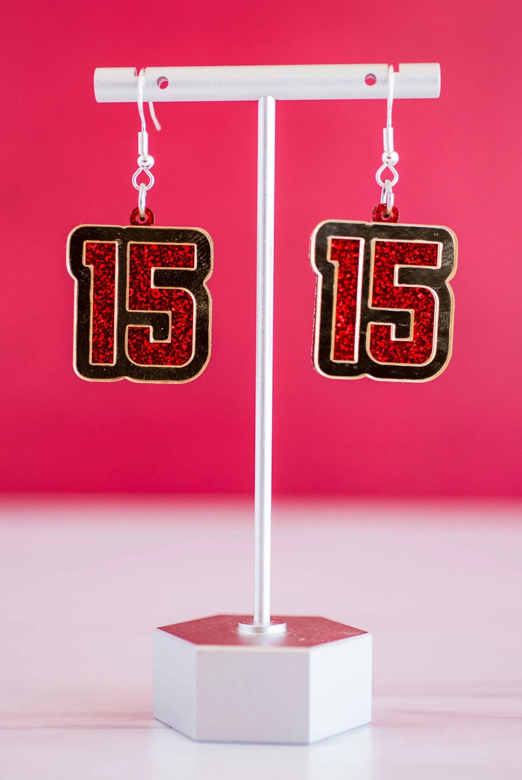 Shop Red Glitter &Gold Mirror 15 Dangles KC Chiefs Football Mahomes-Earrings at Ruby Joy Boutique, a Women's Clothing Store in Pickerington, Ohio
